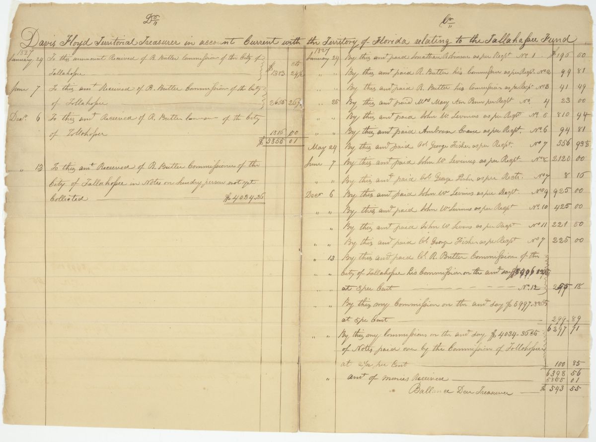 Account of Territorial Treasurer Davis Floyd Relating to the Tallahassee Fund, 1827