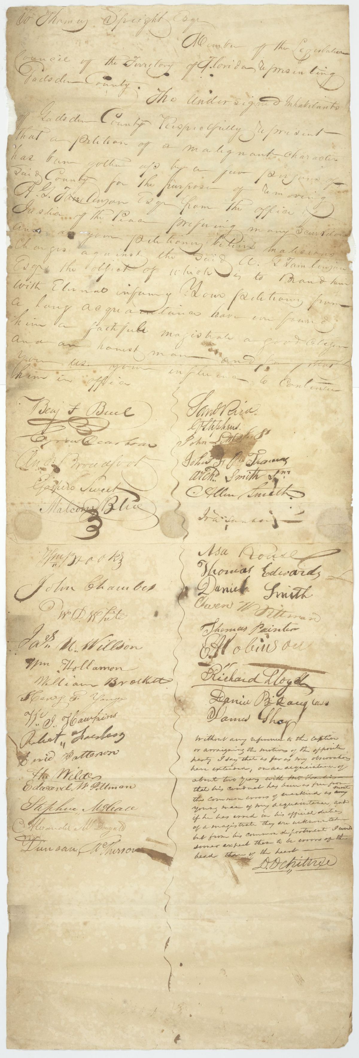 Two Petitions from Citizens of Gadsden County Asking That A. G. Tomlinson Be Continued in Office as Justice of the Peace, 1827