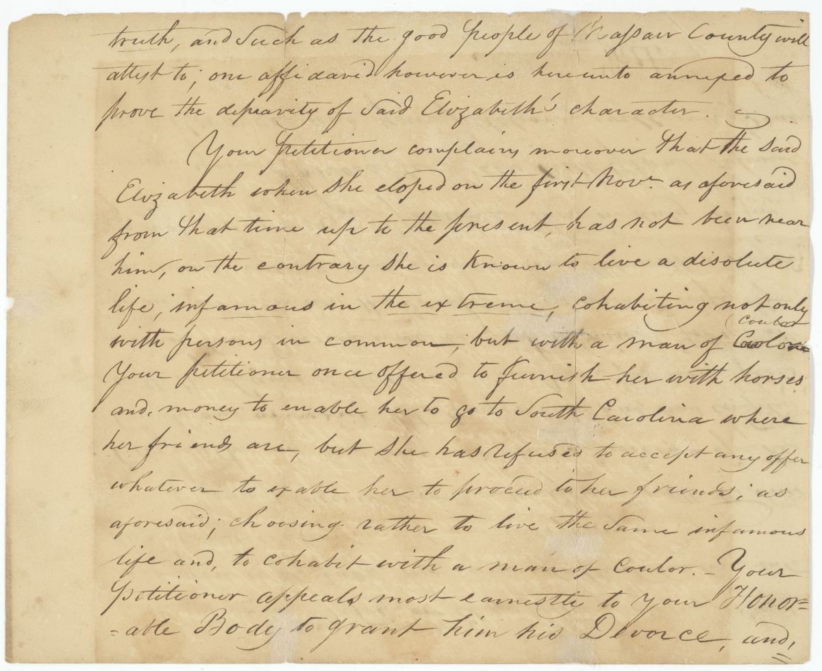 Petition of Nathaniel Wilds to Be Divorced from His Wife Elizabeth, 1827