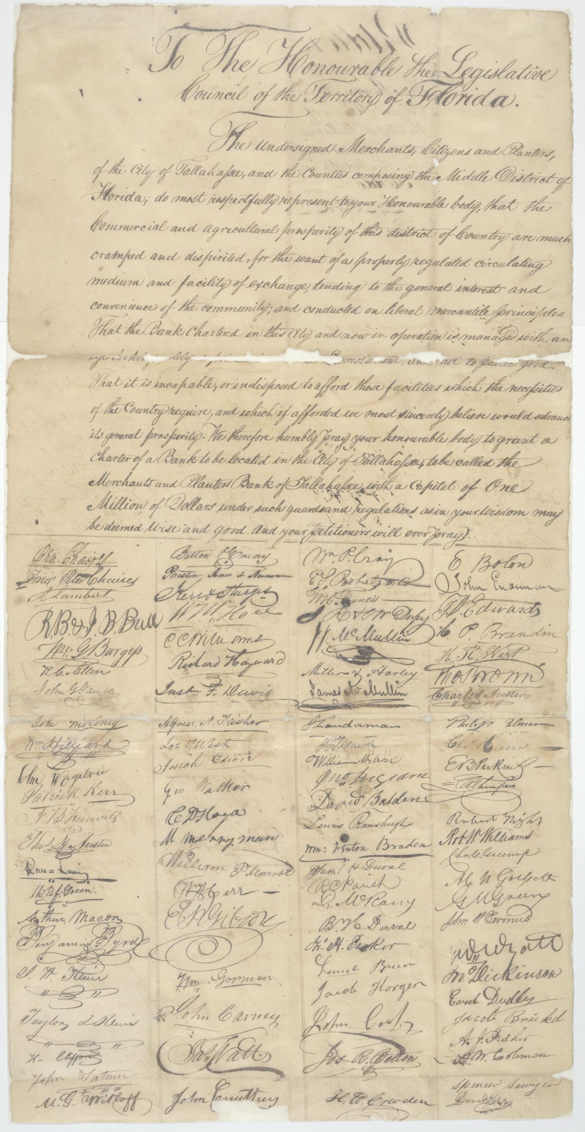 Petition from Citizens of Middle Florida Asking the Territorial Legislative Council to Charter a New Bank Called the Merchants and Planters Bank of Tallahassee, 1832