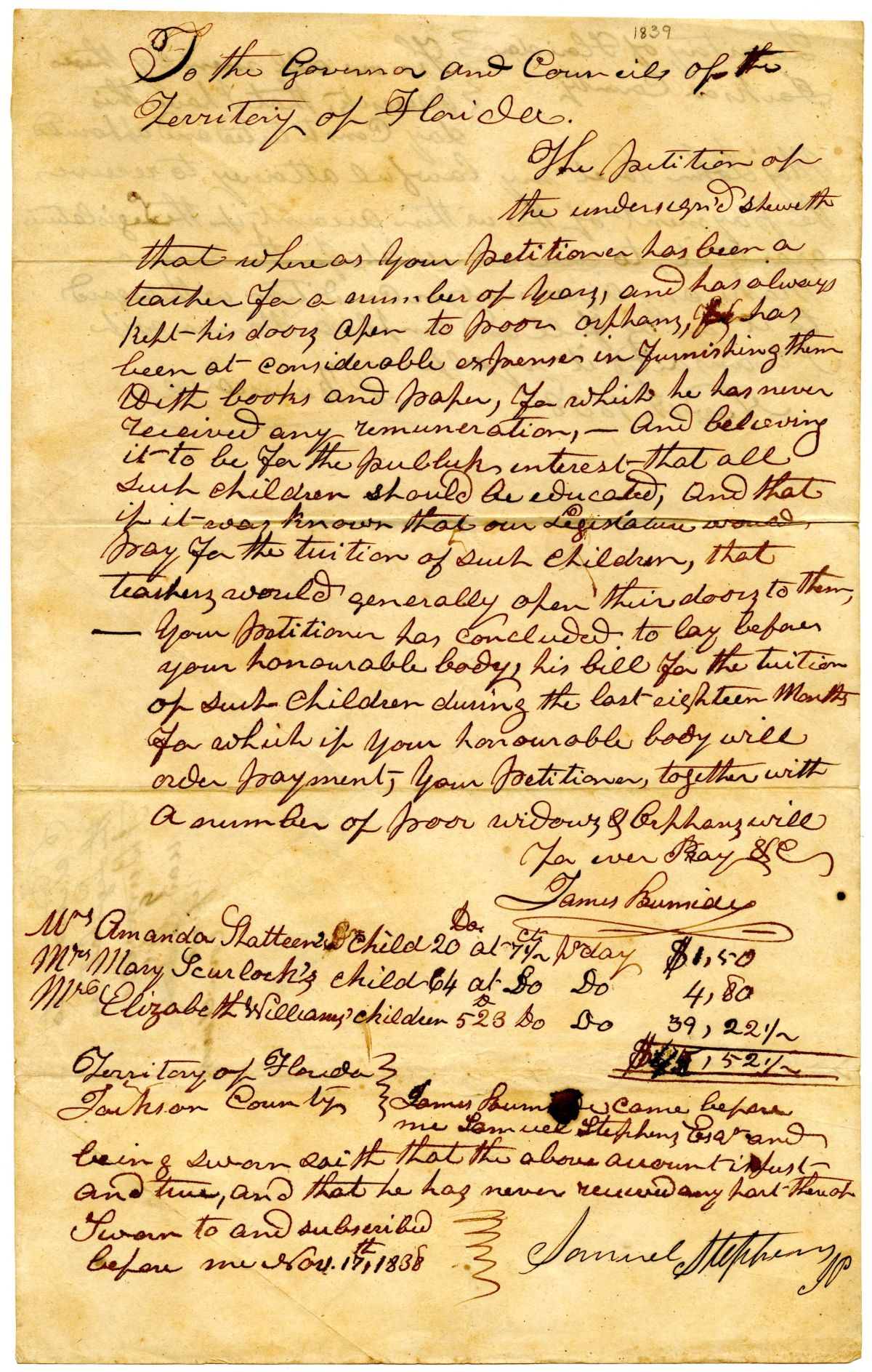 Petition of James Burnside Requesting Compensation for Taking Care of Orphans, 1838