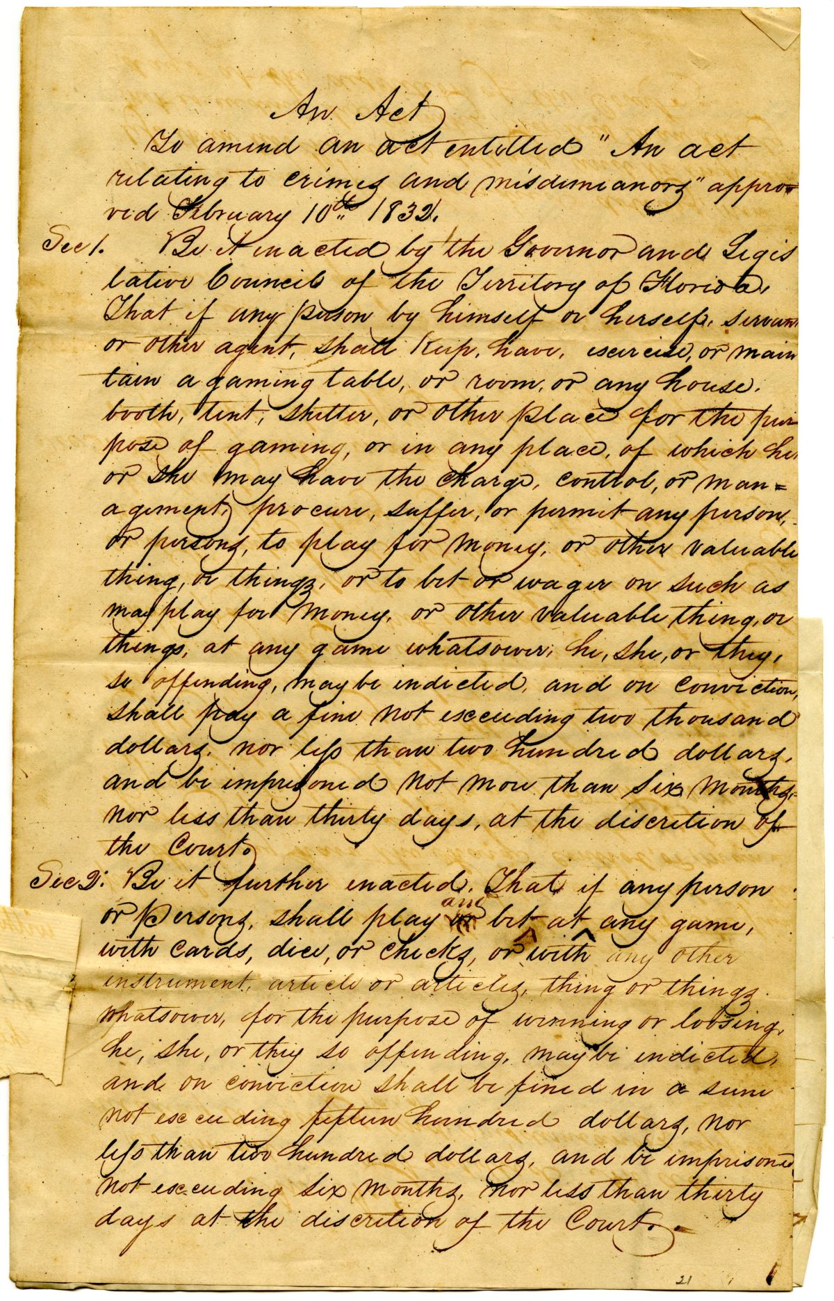 Draft of an Act to Amend an Act Relating to Crimes and Misdemeanors, 1839