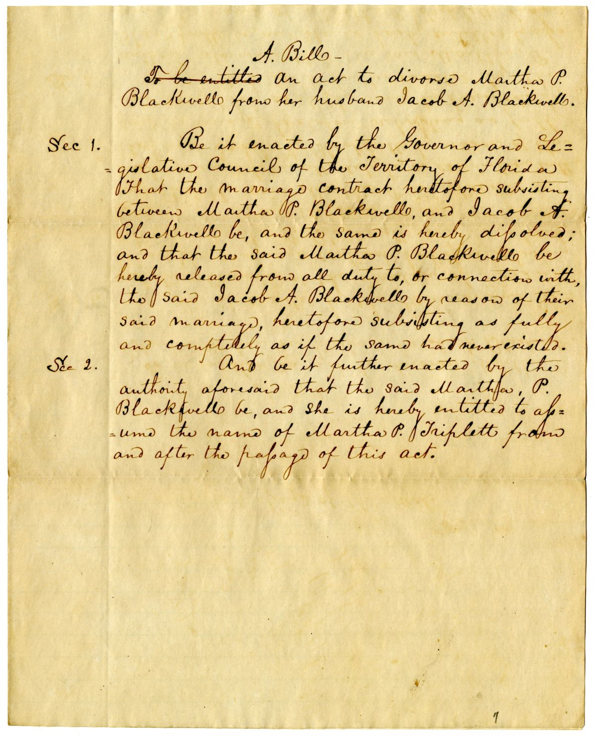 Draft of an Act to Divorce Martha P. Blackwell from Her Husband Jacob A. Blackwell, 1839