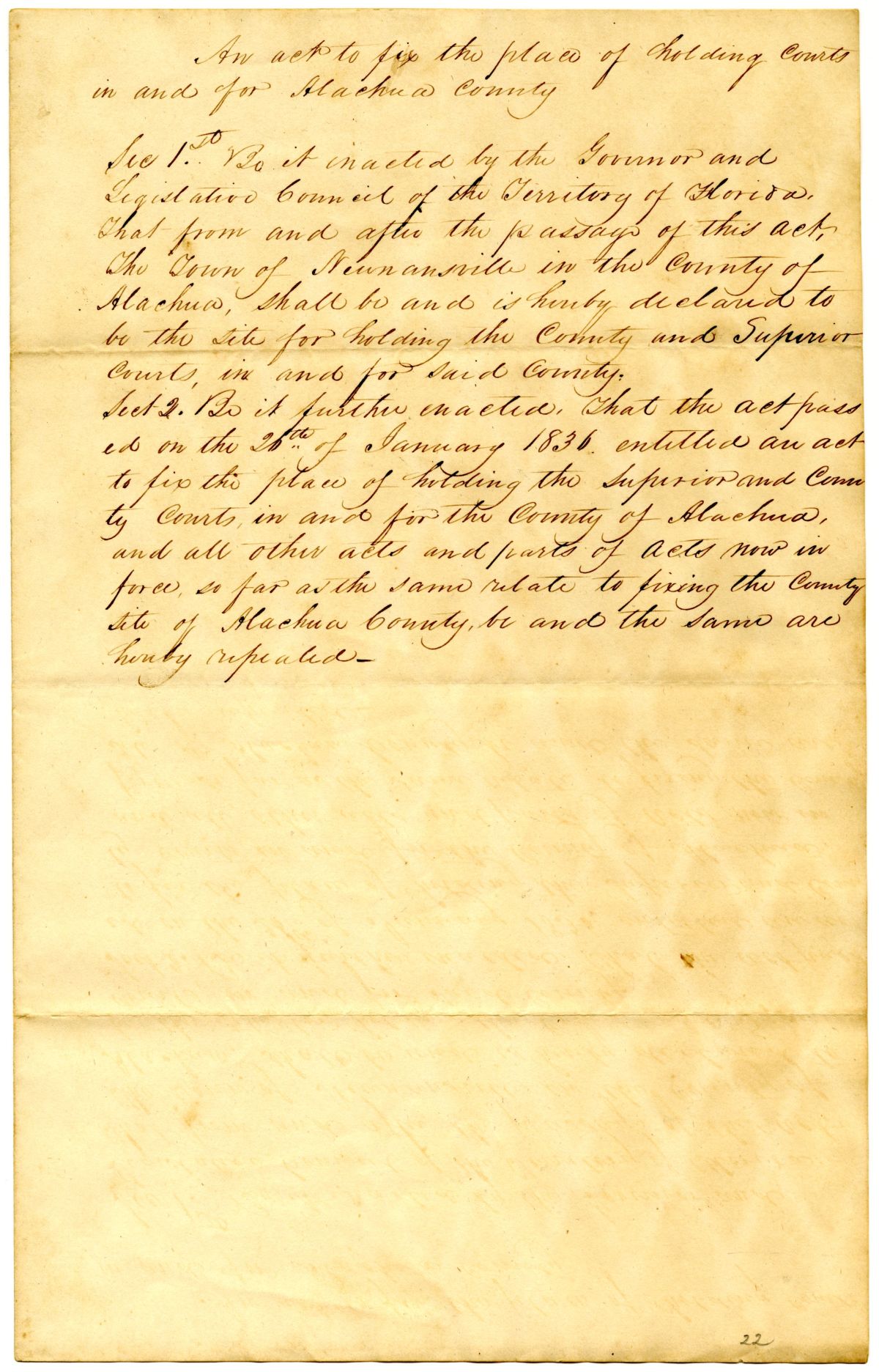 Draft of an Act to Fix the Place of Holding Courts in and for Alachua County, 1839