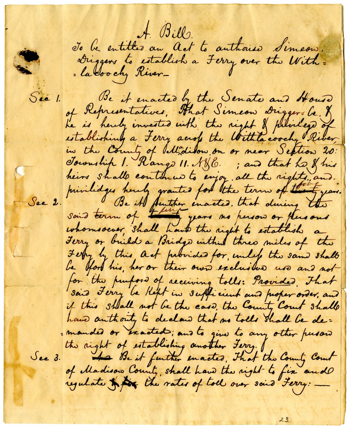 Draft of an Act to Authorize Simeon Driggers to Establish a Ferry over the Withlacoochee River, 1839