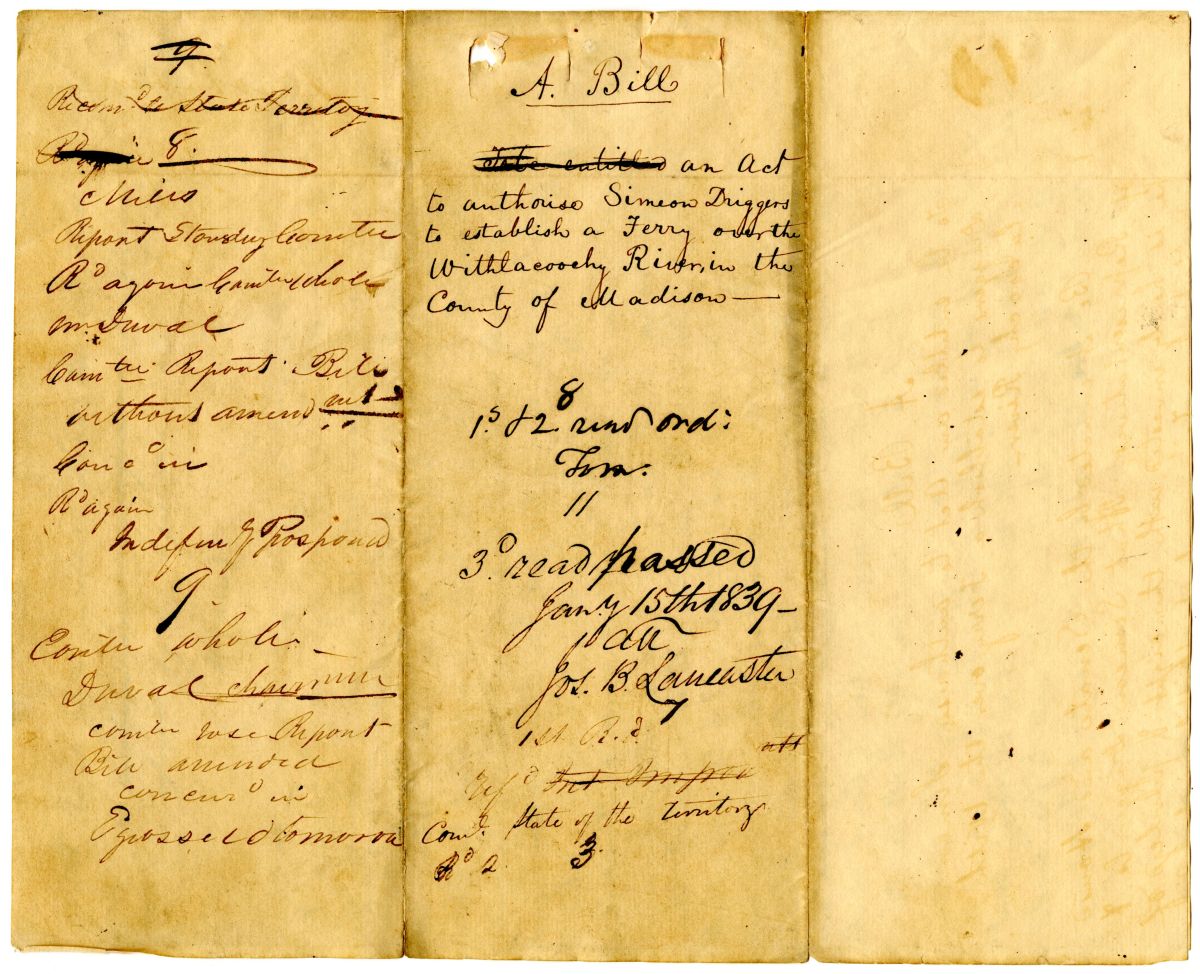 Draft of an Act to Authorize Simeon Driggers to Establish a Ferry over the Withlacoochee River, 1839