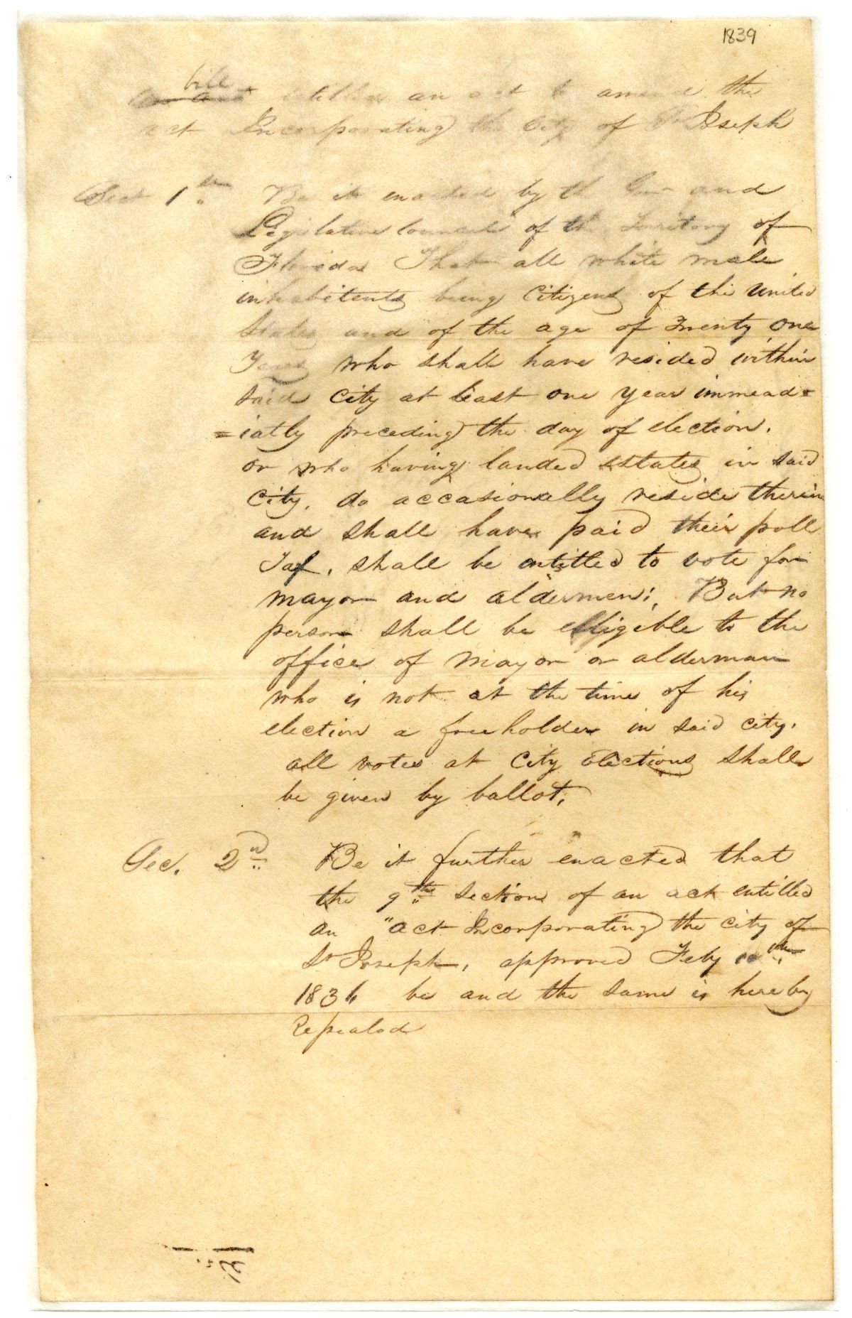 Draft of an Act to Amend the Act Incorporating the City of Saint Joseph, 1839