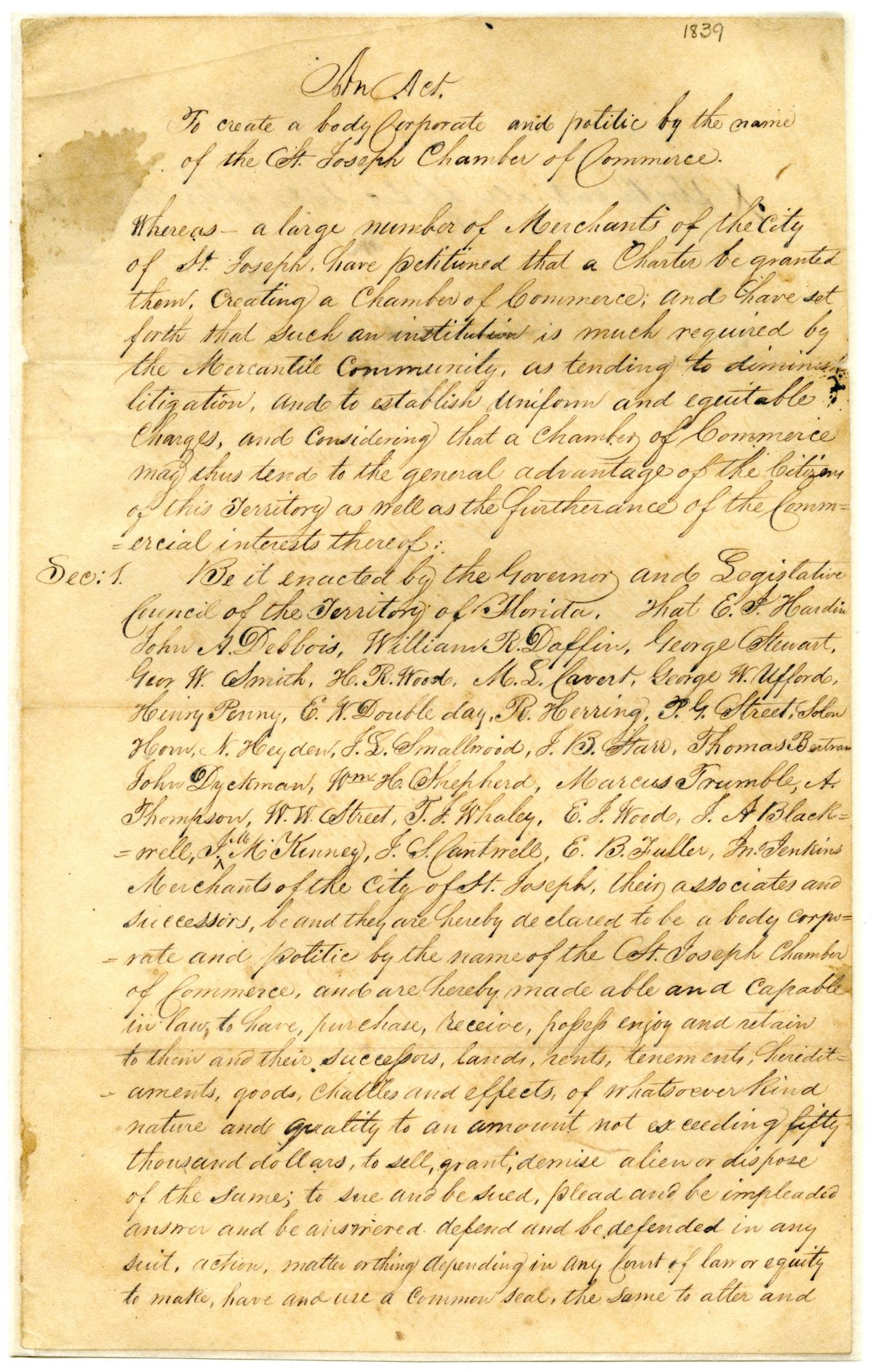 Draft of an Act to Incorporate the Saint Joseph Chamber of Commerce, 1839