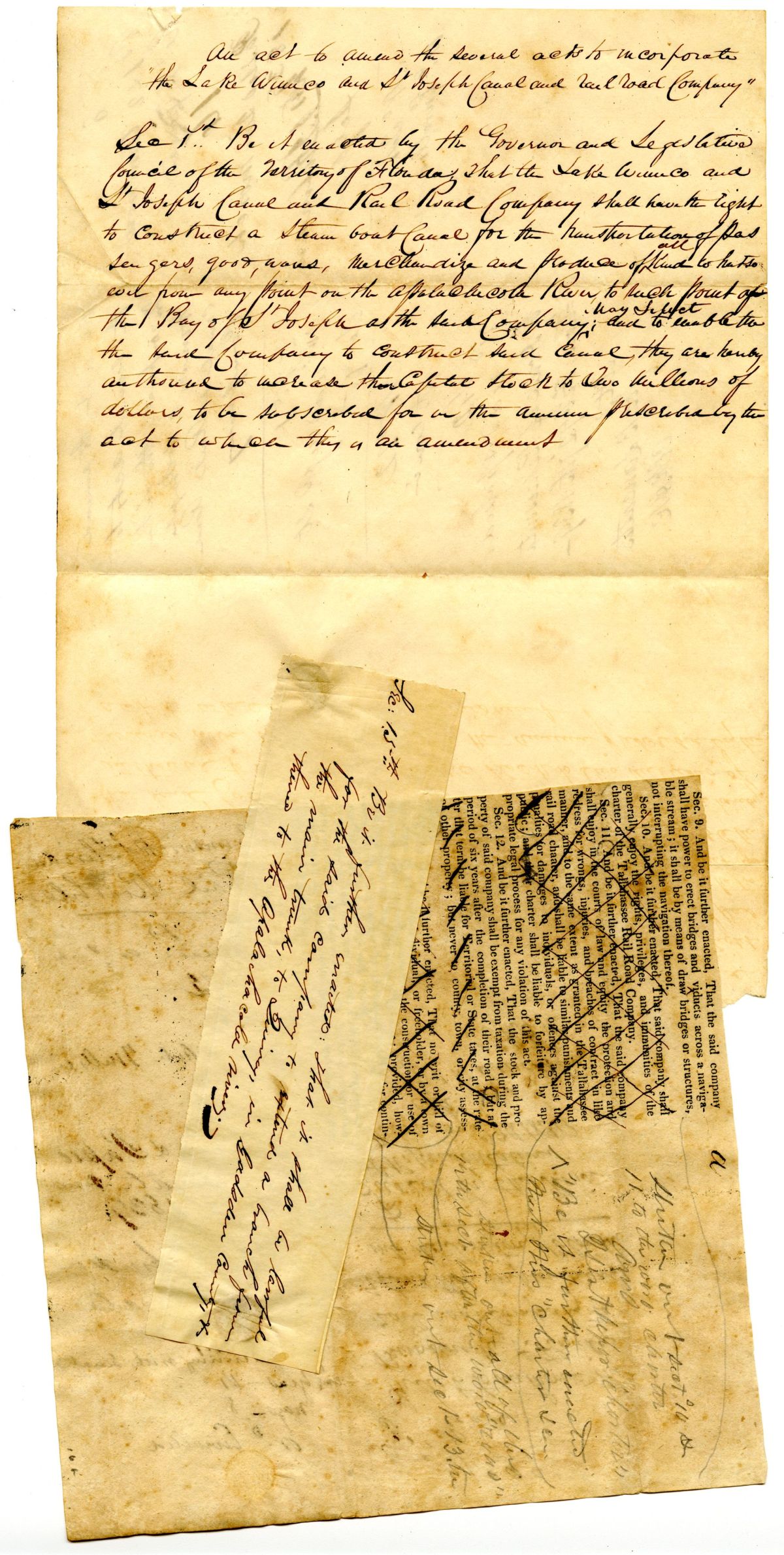 Draft of an Act to Amend the Several Acts to Incorporate the Lake Wimico and Saint Joseph Canal and Railroad Company, 1839