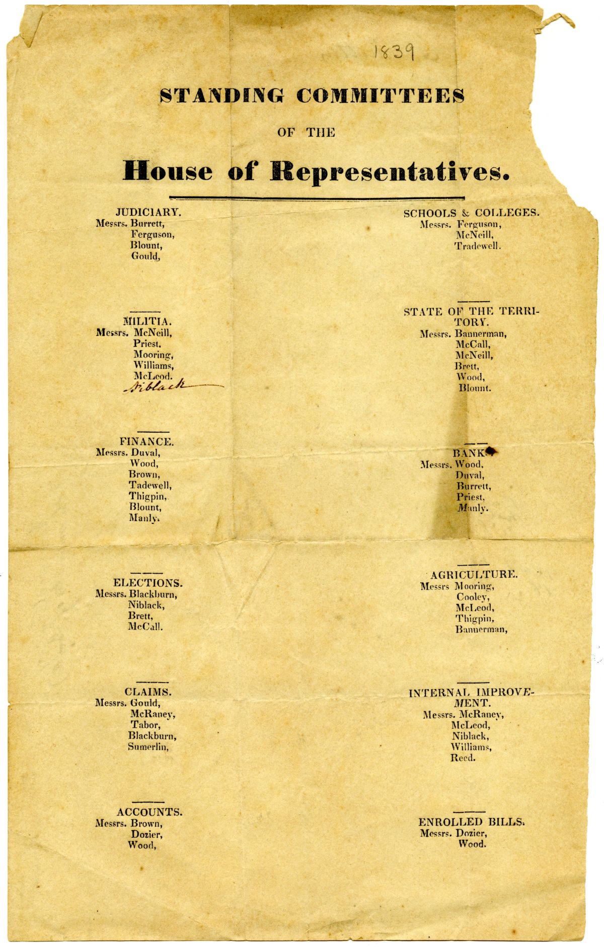 List of Members of the Standing Committees of the Florida House of Representatives, 1839