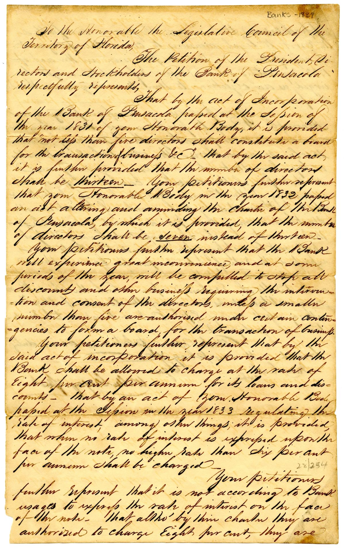 Petition of the President, Directors and Stockholders of the Bank of Pensacola, circa 1839