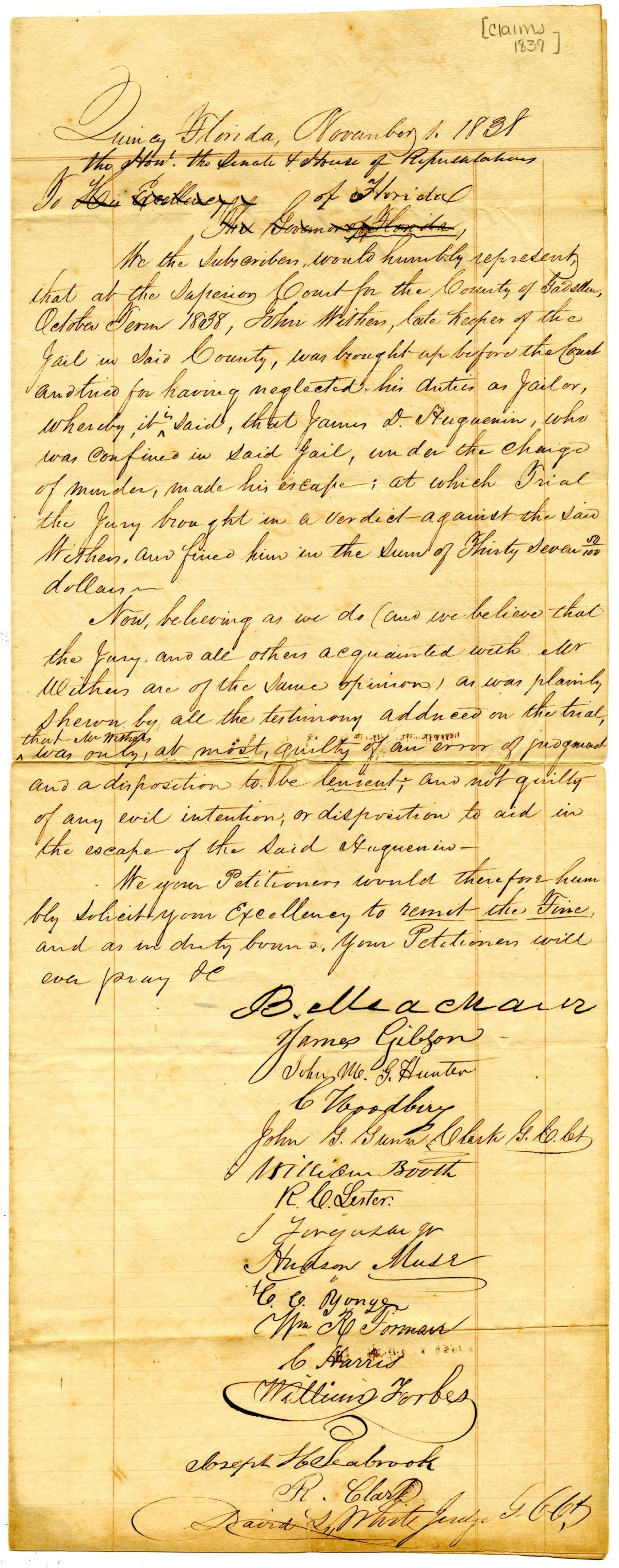 Petition of Citizens of Gadsden County Requesting that the Fine Against John Withers be Remitted, 1839