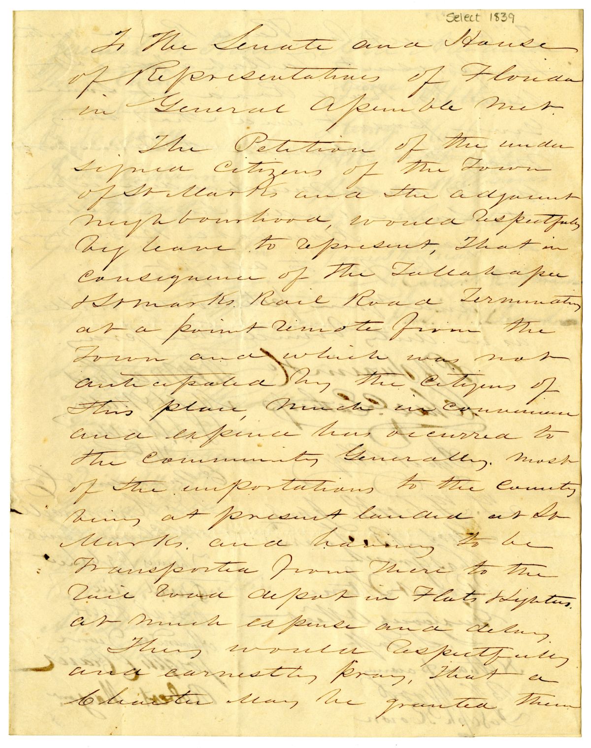 Petition of Citizens of Saint Marks Requesting that Their Town Be Connected to the Railroad, 1839