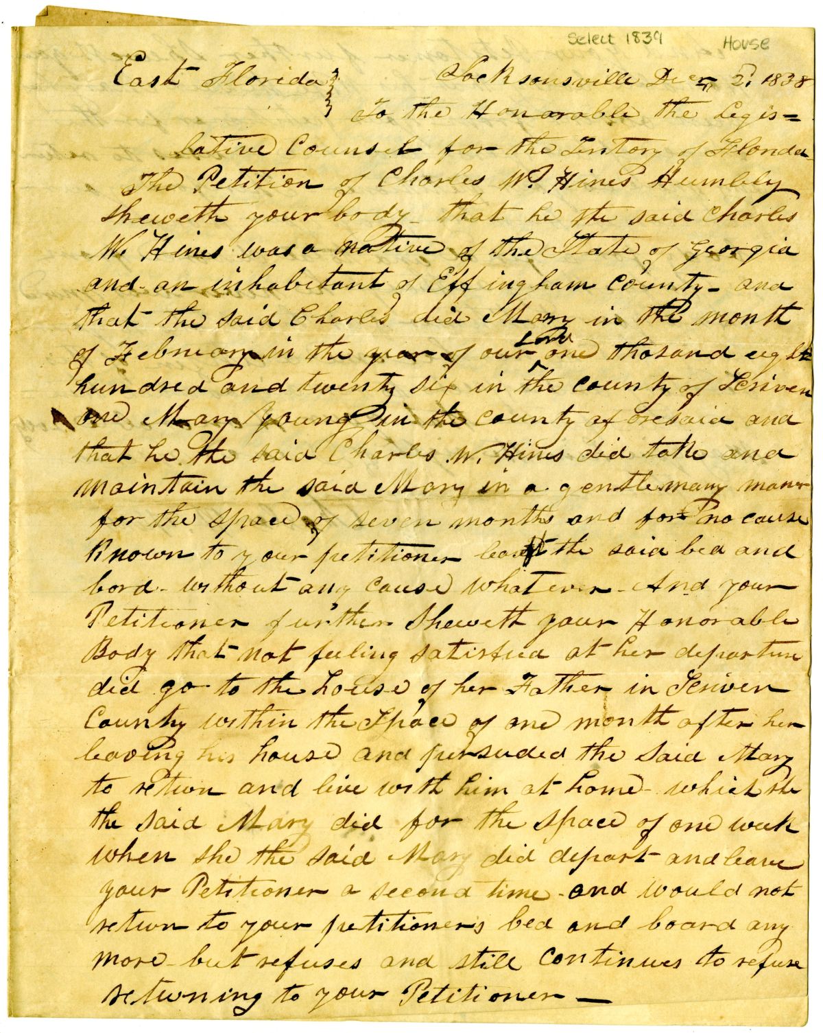 Divorce Petition of Charles W. Hines with Supporting Affidavits, 1839