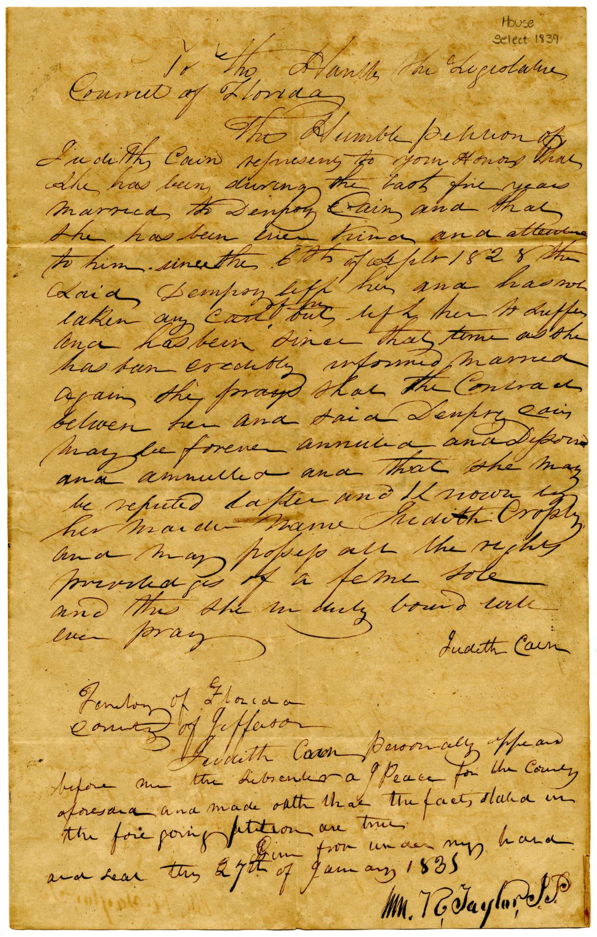 Divorce Petition of Judith Cain with a Draft of an Act to Divorce Judith Cain, circa 1839