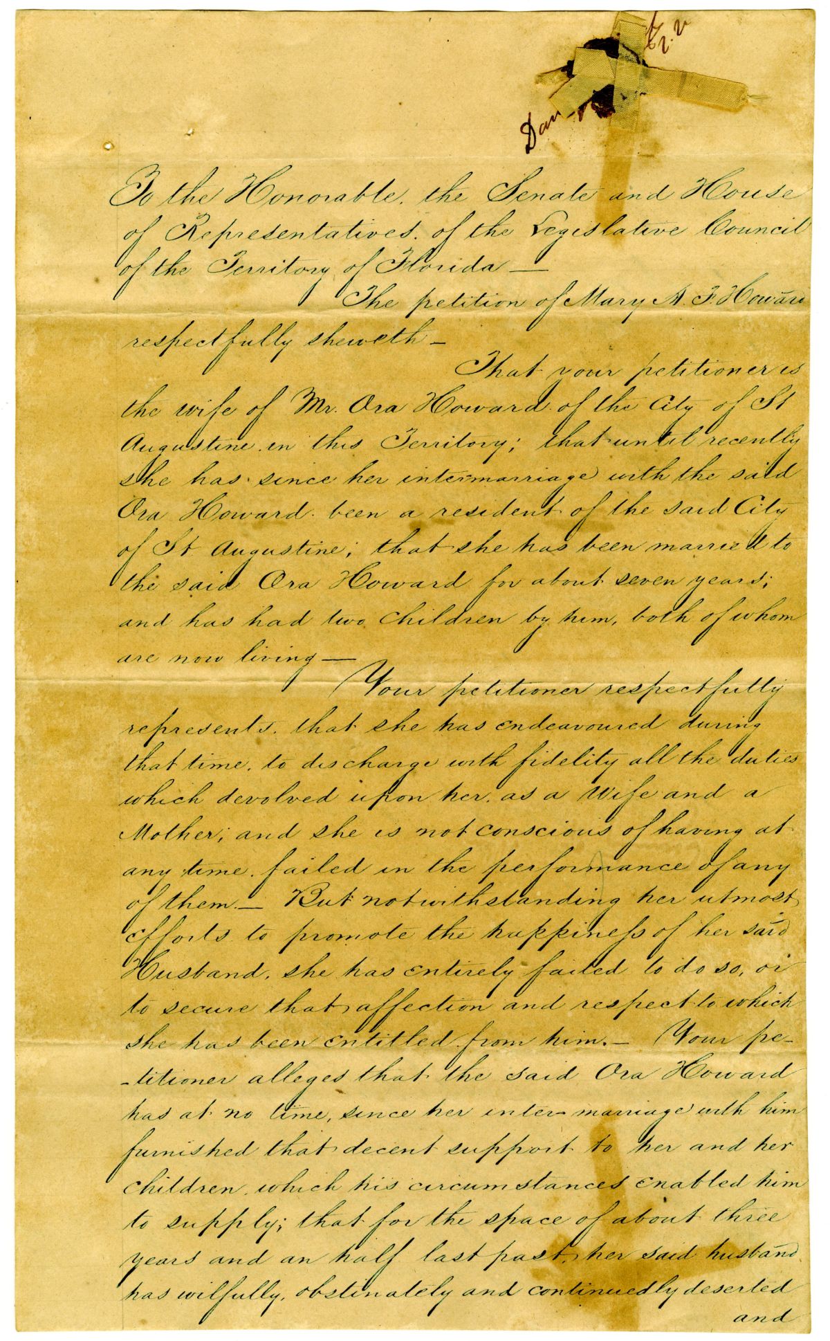 Divorce Petition of Mary A. F. Howard with Supporting Affidavits, 1839