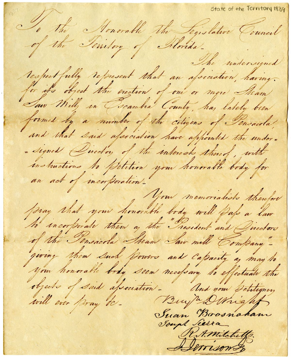 Petition Requesting the Incorporation of the Pensacola Steam Saw Mill Company, circa 1839