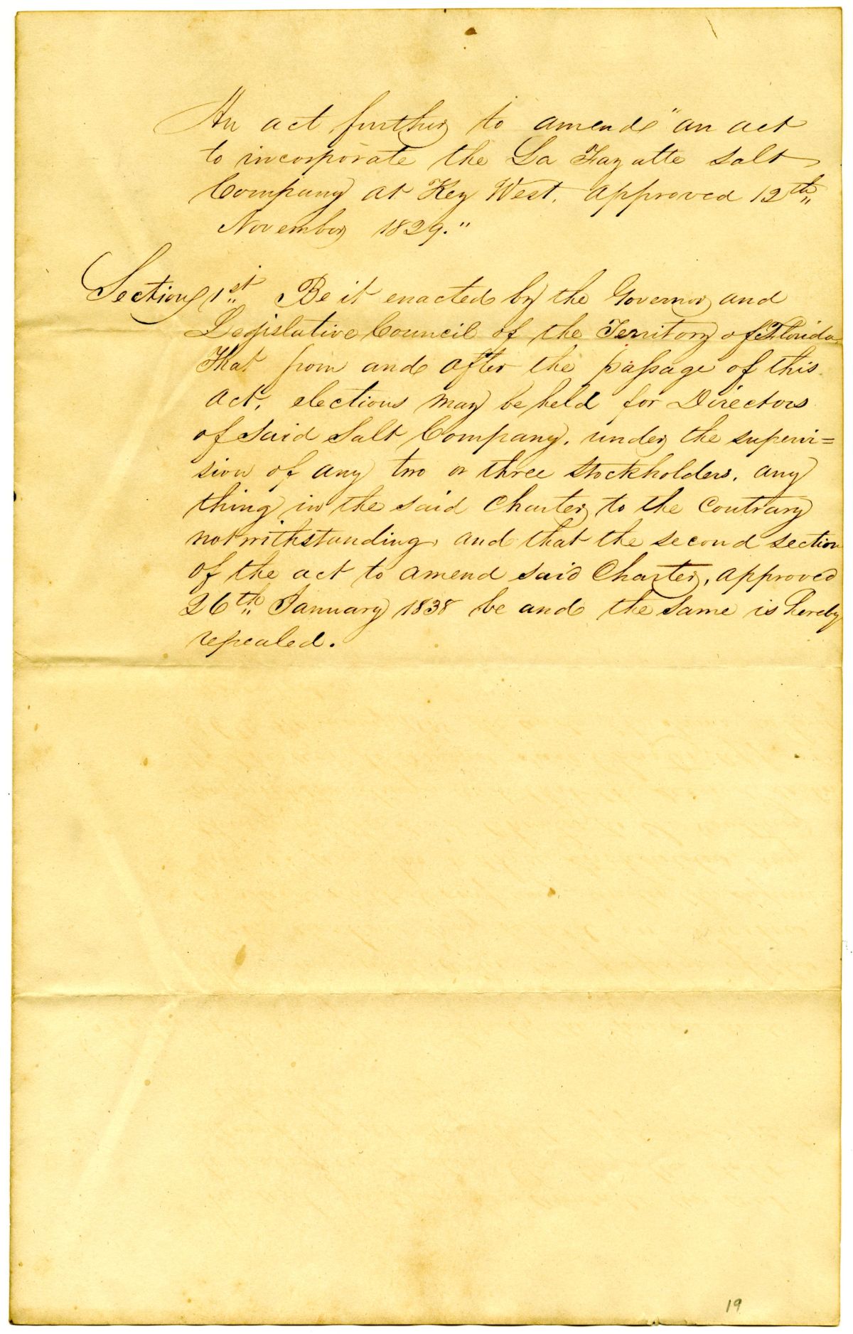 Draft of an Act to Amend an Act to Incorporate the La Fayette Salt Company, 1839