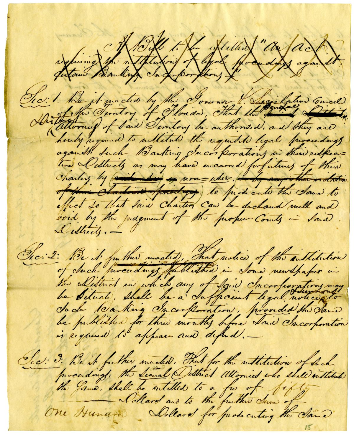 Draft of an Act Authorizing Legal Proceedings Against Banking Institutions, 1839