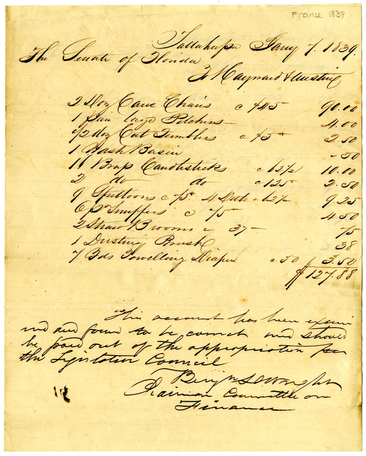 Expense Account of the Florida Senate, 1839