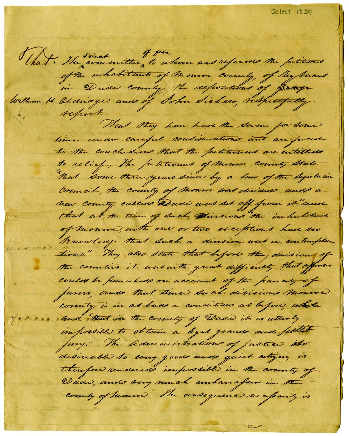 Report of the Select Committee to Whom Was Referred the Petitions and Depositions Concerning the Condition of Dade County, 1839