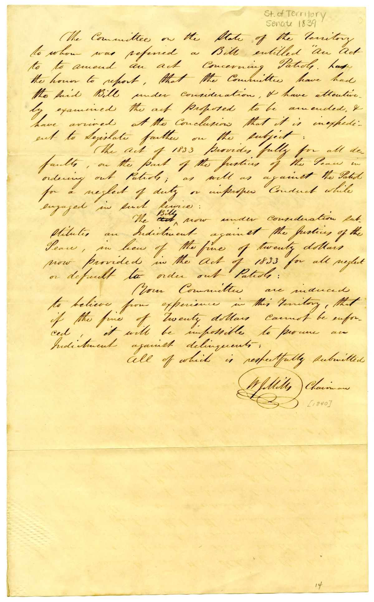 Report of the Committee on the State of the Territory, circa 1839