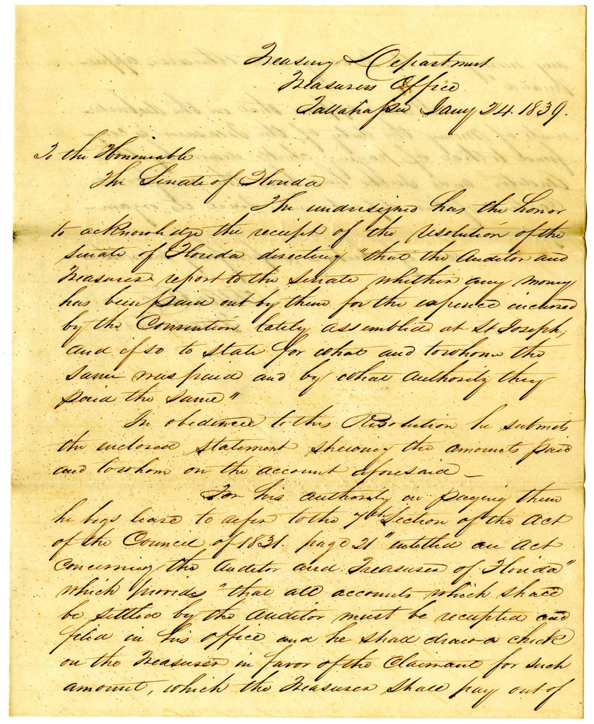 Letter to the Florida Senate Enclosing a Statement of Expenses Incurred by the Convention at Saint Joseph, 1839