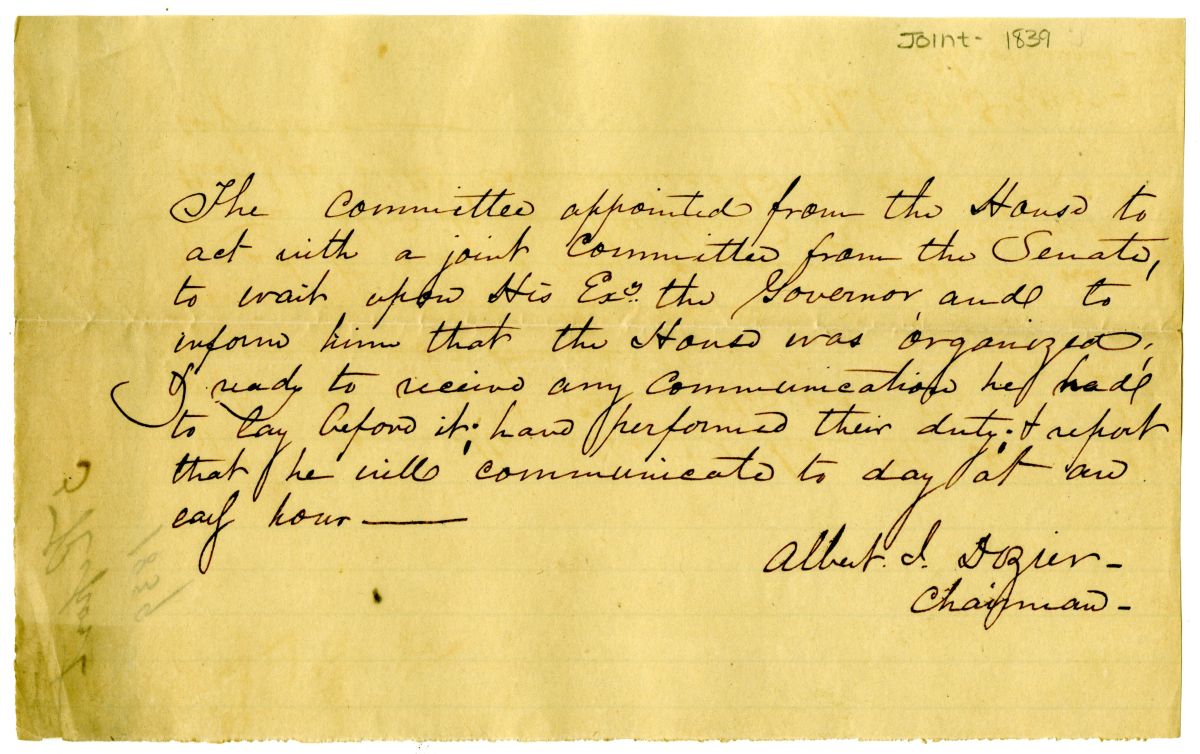 Report of the Committee Charged with Informing the Governor that the House Was Ready to Receive Communication, 1839