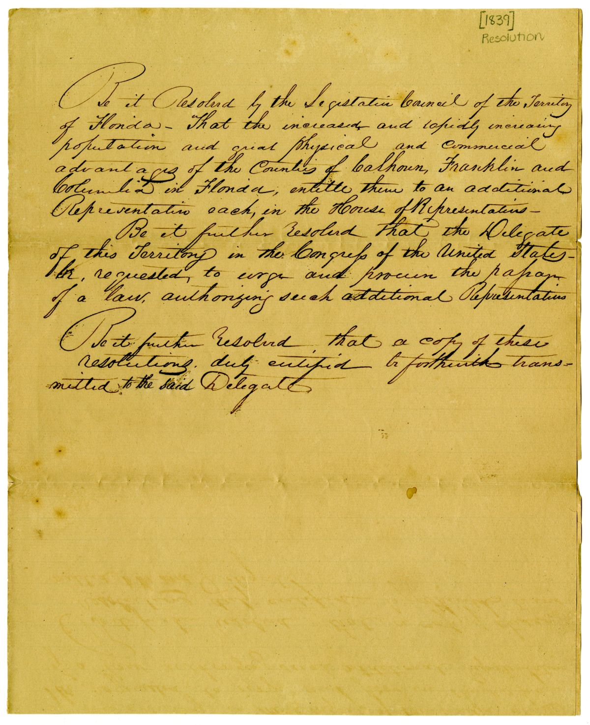 Resolution Directing the Florida Delegate in Congress to Request the Passage of a Law Increasing Representation in Certain Counties, 1839