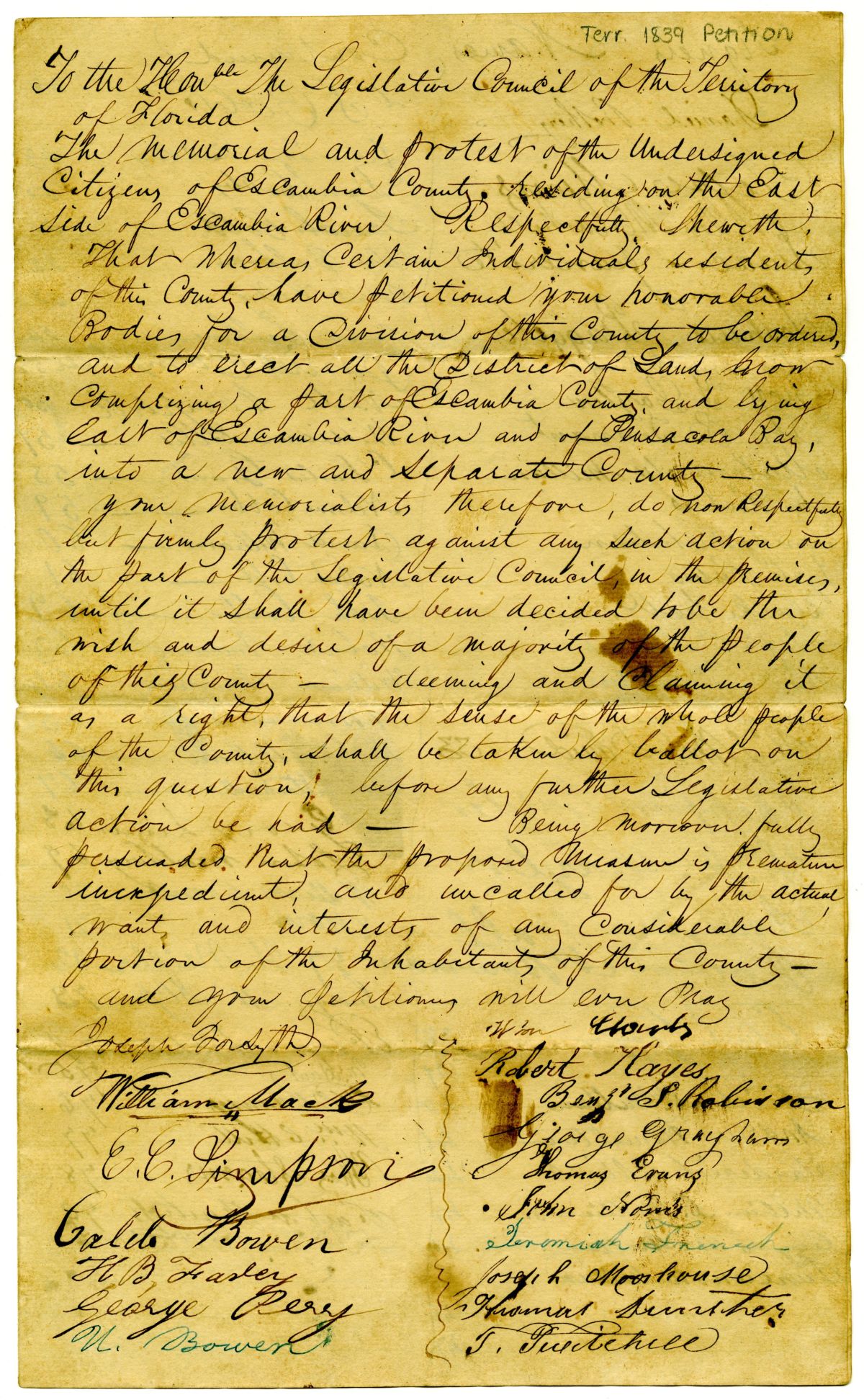 Petition of Citizens of Escambia County Protesting a Division of the County, circa 1839