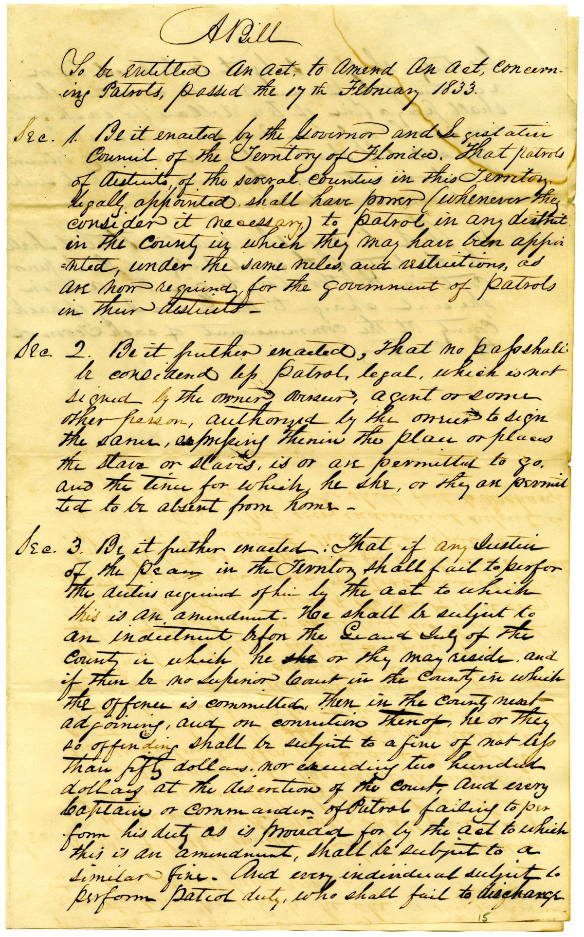 Draft of an Act to Amend an Act Concerning Patrols, 1840