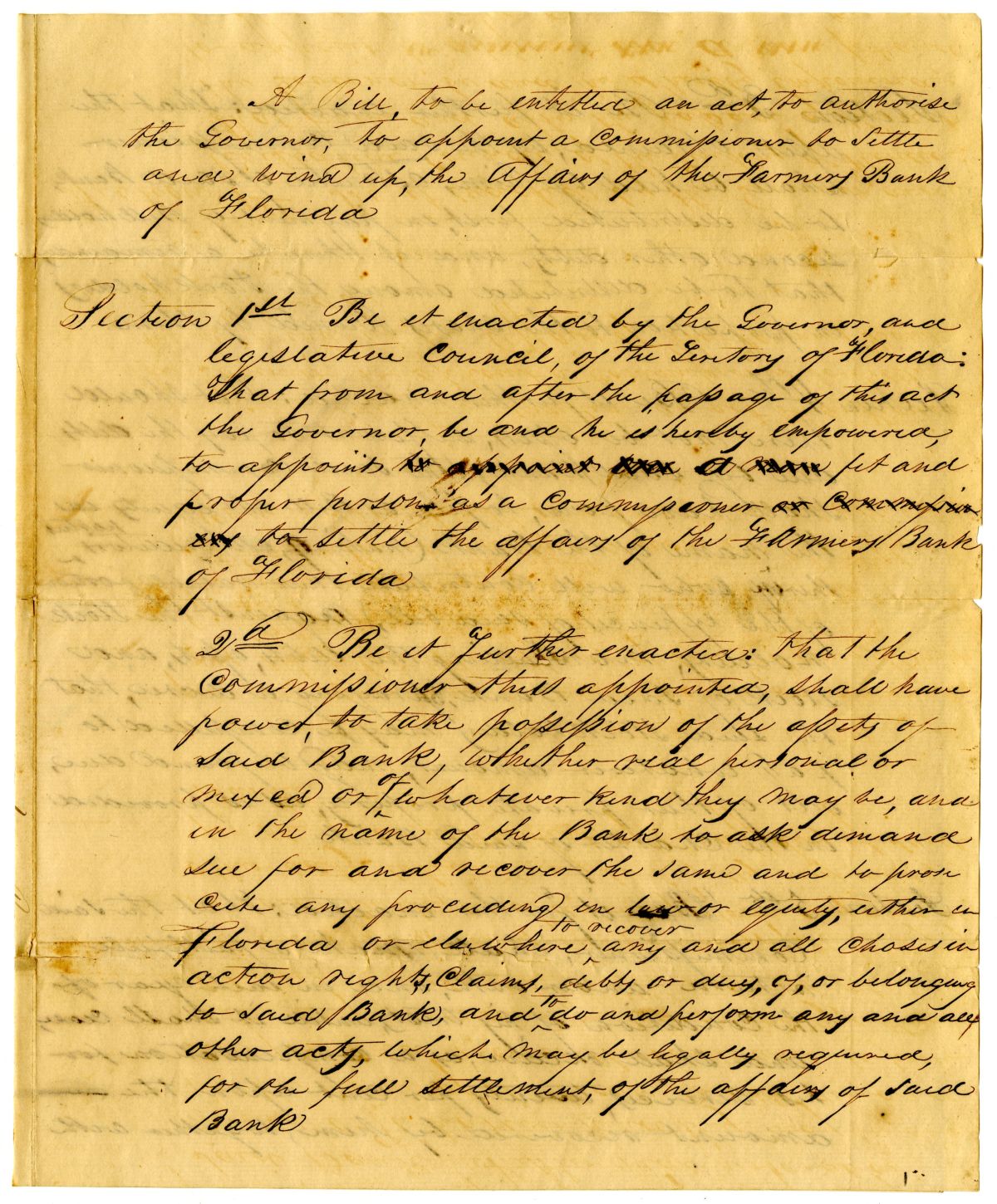 Draft of an Act to Authorize the Governor to Appoint a Commissioner to Settle the Affairs of the Farmers Bank of Florida, 1840