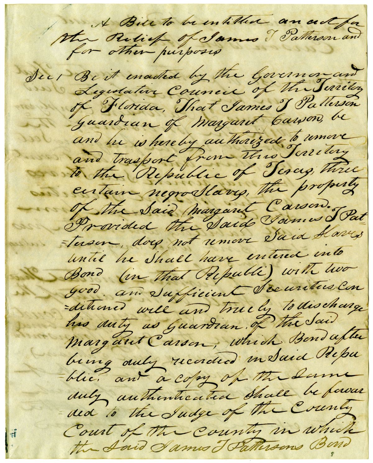 Draft of an Act for the Relief of James T. Patterson, 1840