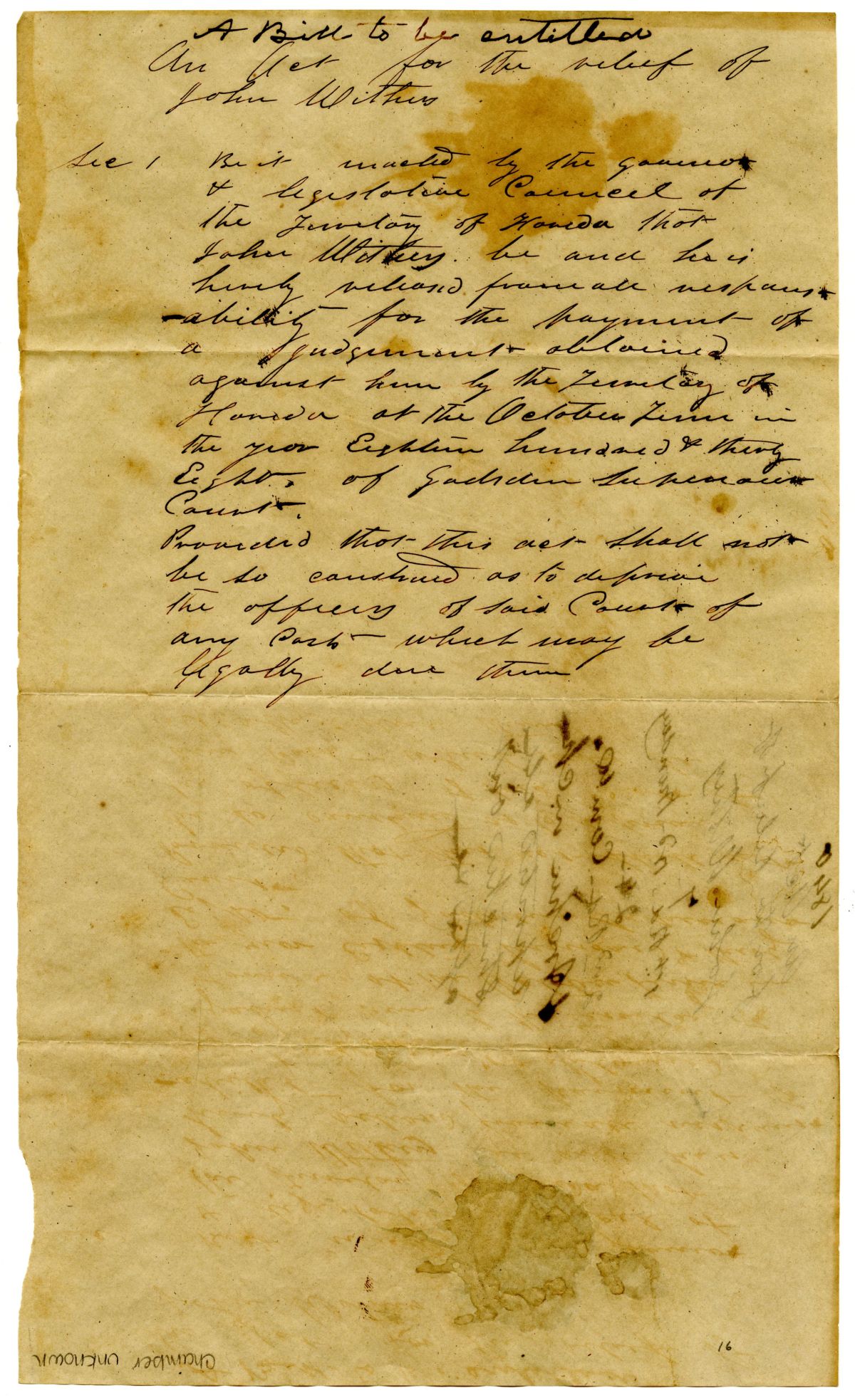 Draft of an Act for the Relief of John Withers, 1840