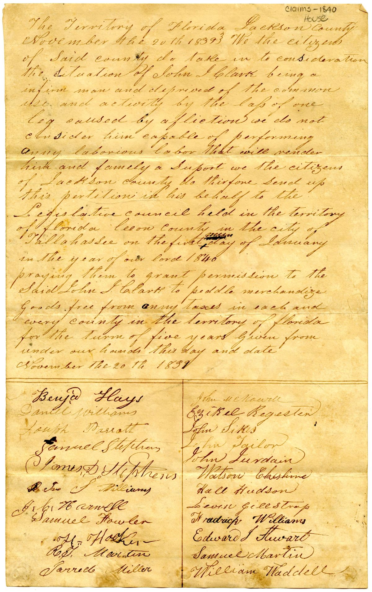 Petition of Citizens of Jackson County Asking that John J. Clark Be Allowed to Peddle Free from Taxes, 1839