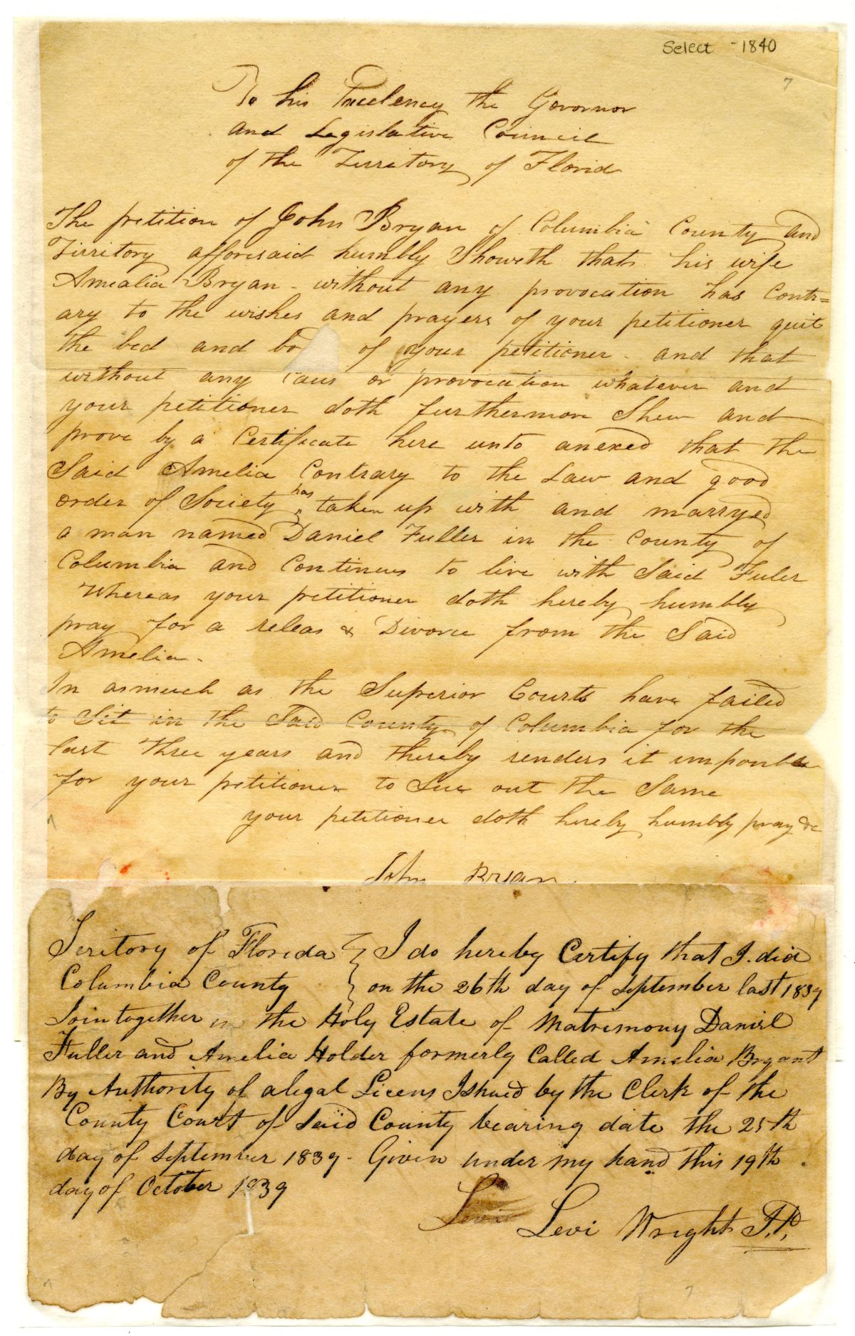 Divorce Petition of John Bryan, 1840