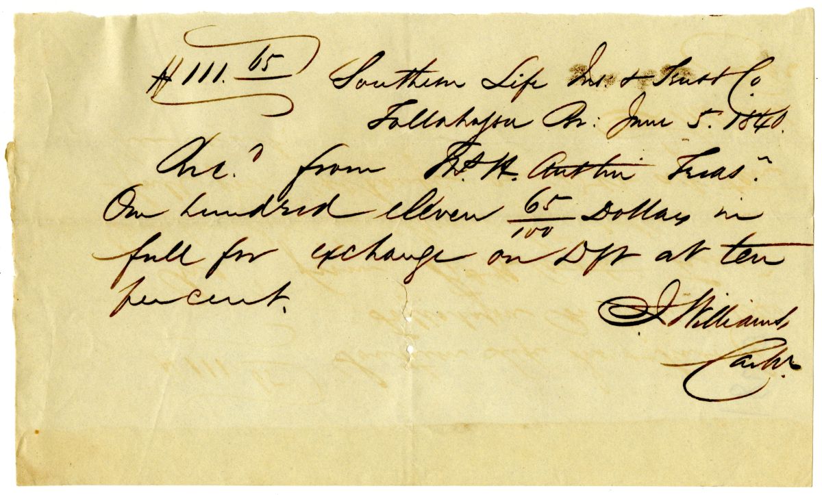 Receipt from the Southern Life Insurance and Trust Company, 1840