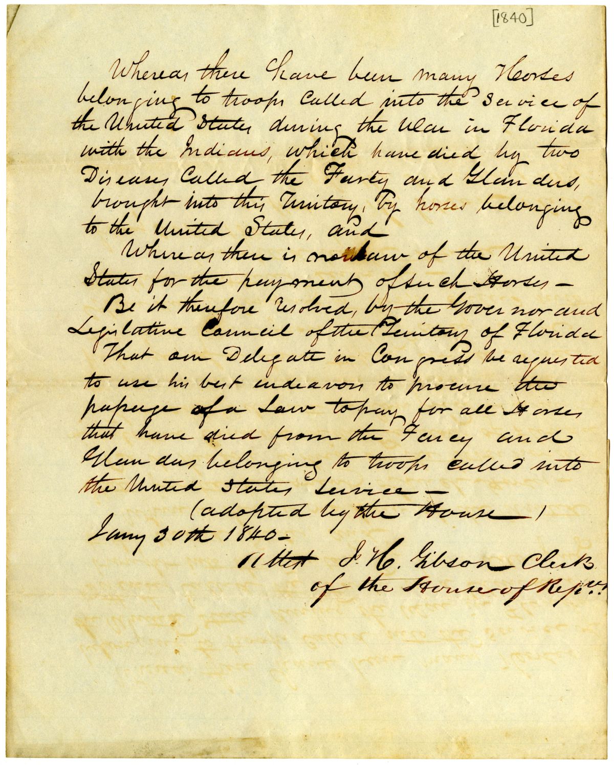 Resolution Instructing the Florida Delegate in Congress to Procure the Passage of a Law to Pay for Horses that Died of Disease, 1840