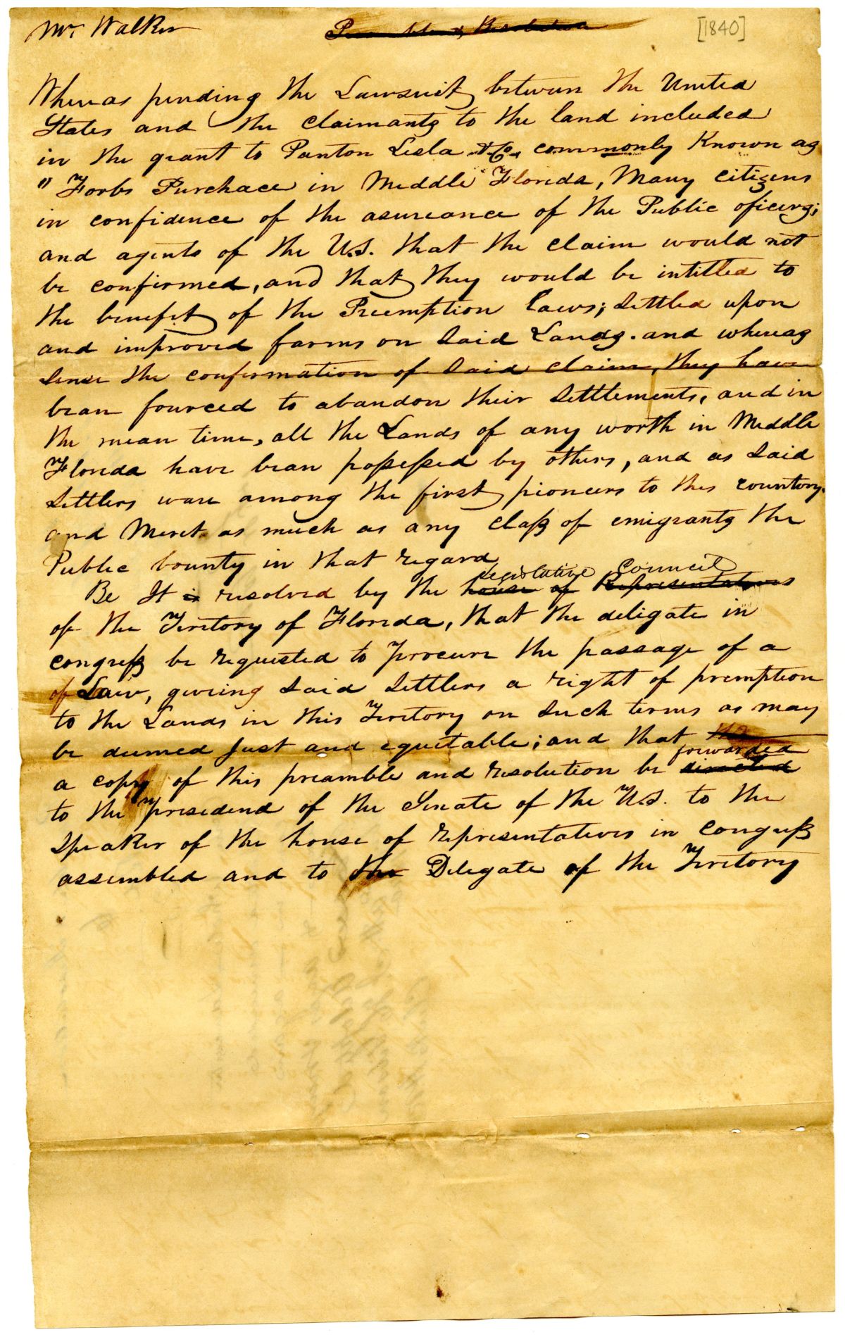 Resolution Instructing the Florida Delegate in Congress to Procure the Passage of a Law Giving Settlers a Right of Preemption on Land, 1840