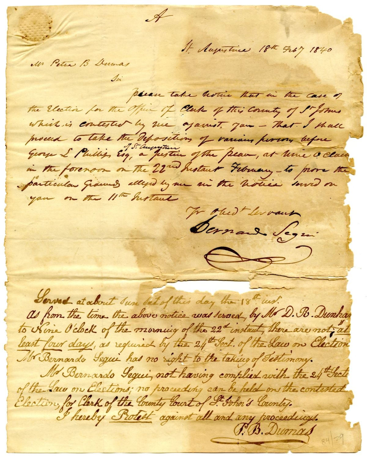 Notice that Bernardo Segui Will Take Depositions Concerning a Contested Election, 1840