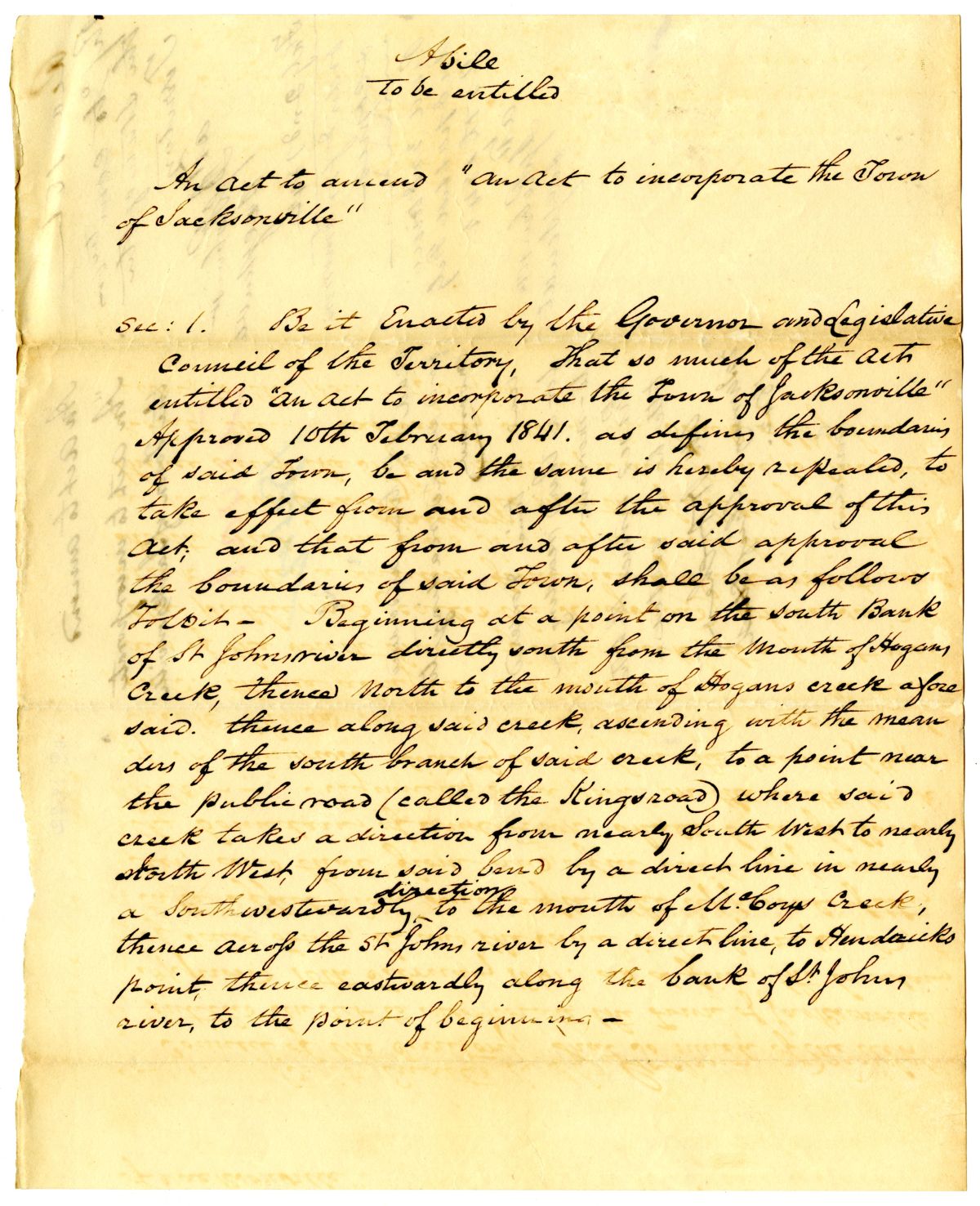 Draft of an Act to Amend an Act to Incorporate the Town of Jacksonville, 1842