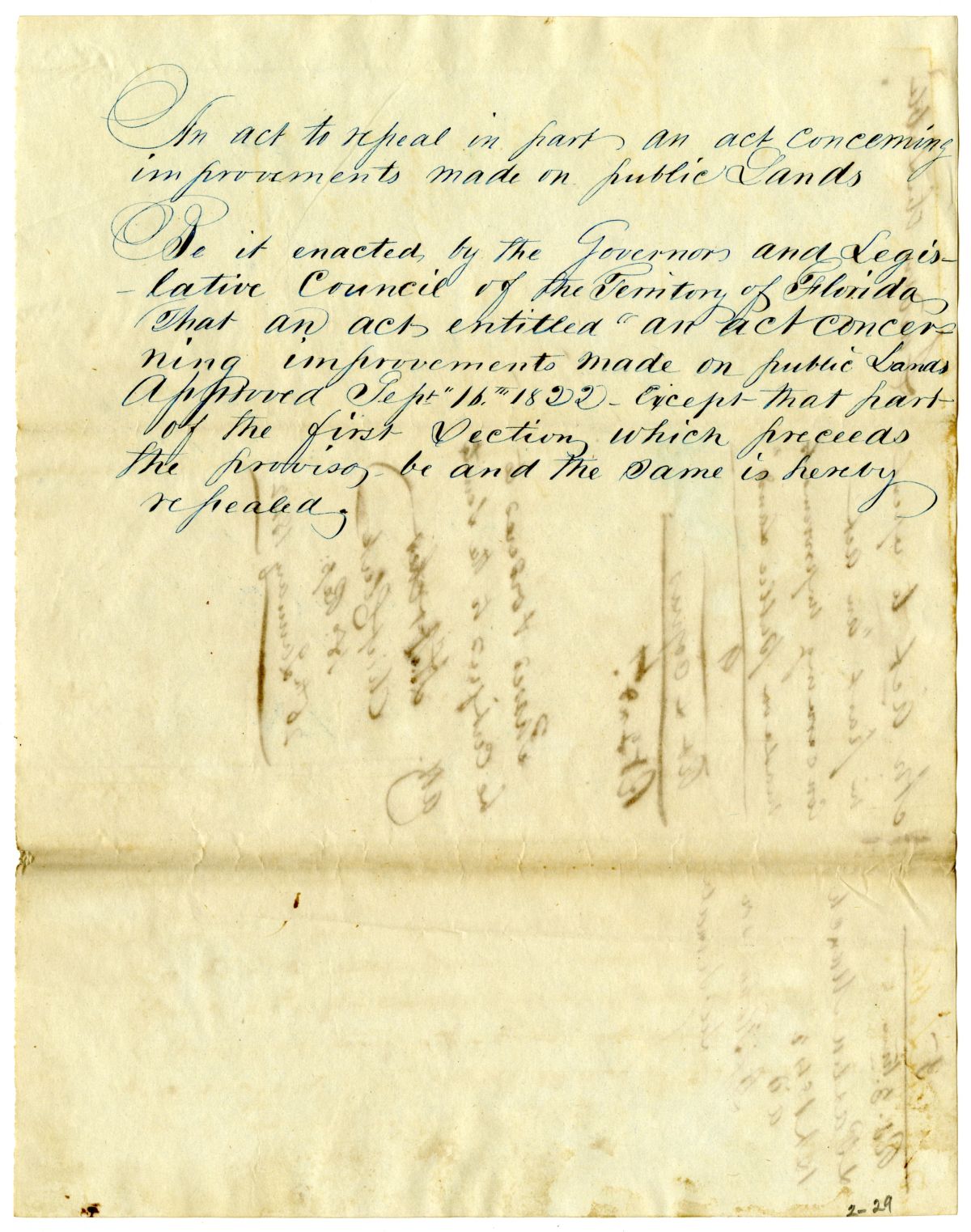 Draft of an Act to Repeal in Part an Act Concerning Improvements Made on Public Lands, 1842