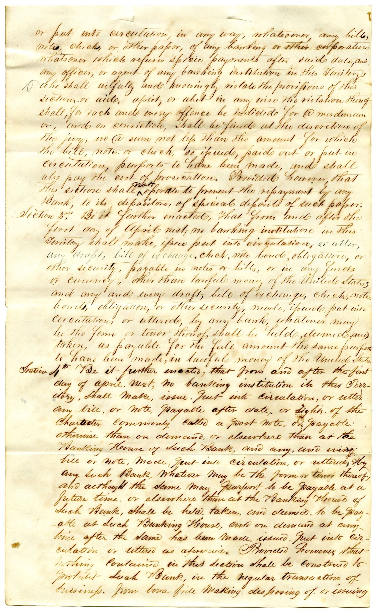 Draft of an Act to Secure the People of Florida from the Evils of a Depreciated Currency, 1842