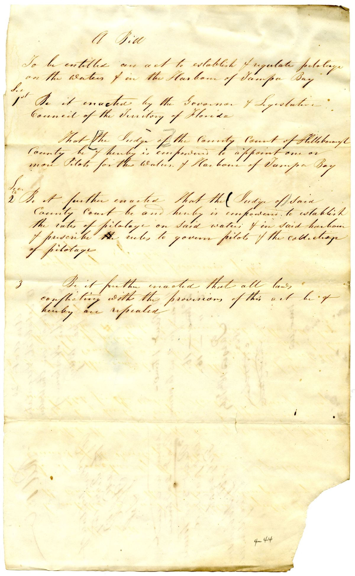 Draft of an Act to Establish and Regulate Pilotage on the Waters in the Harbor of Tampa Bay, 1842