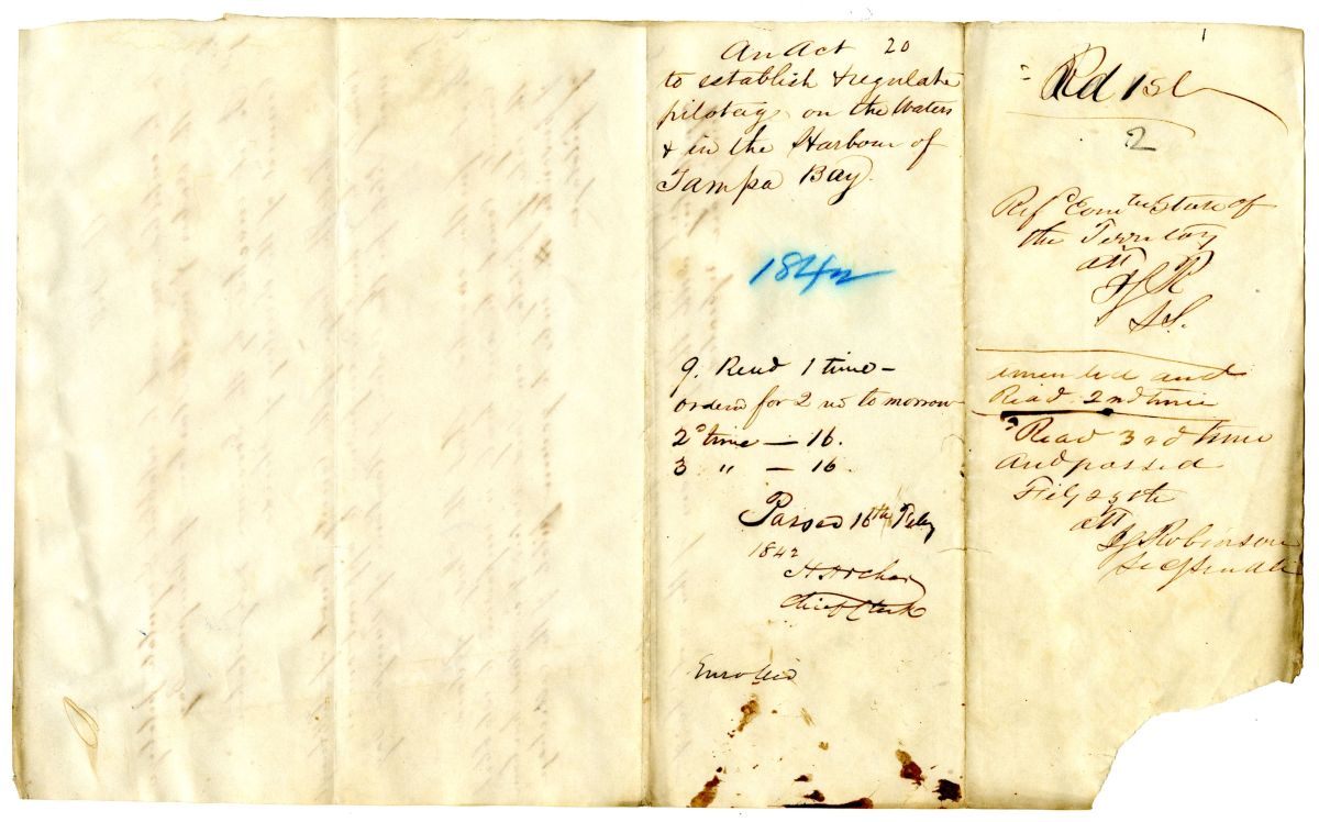 Draft of an Act to Establish and Regulate Pilotage on the Waters in the Harbor of Tampa Bay, 1842