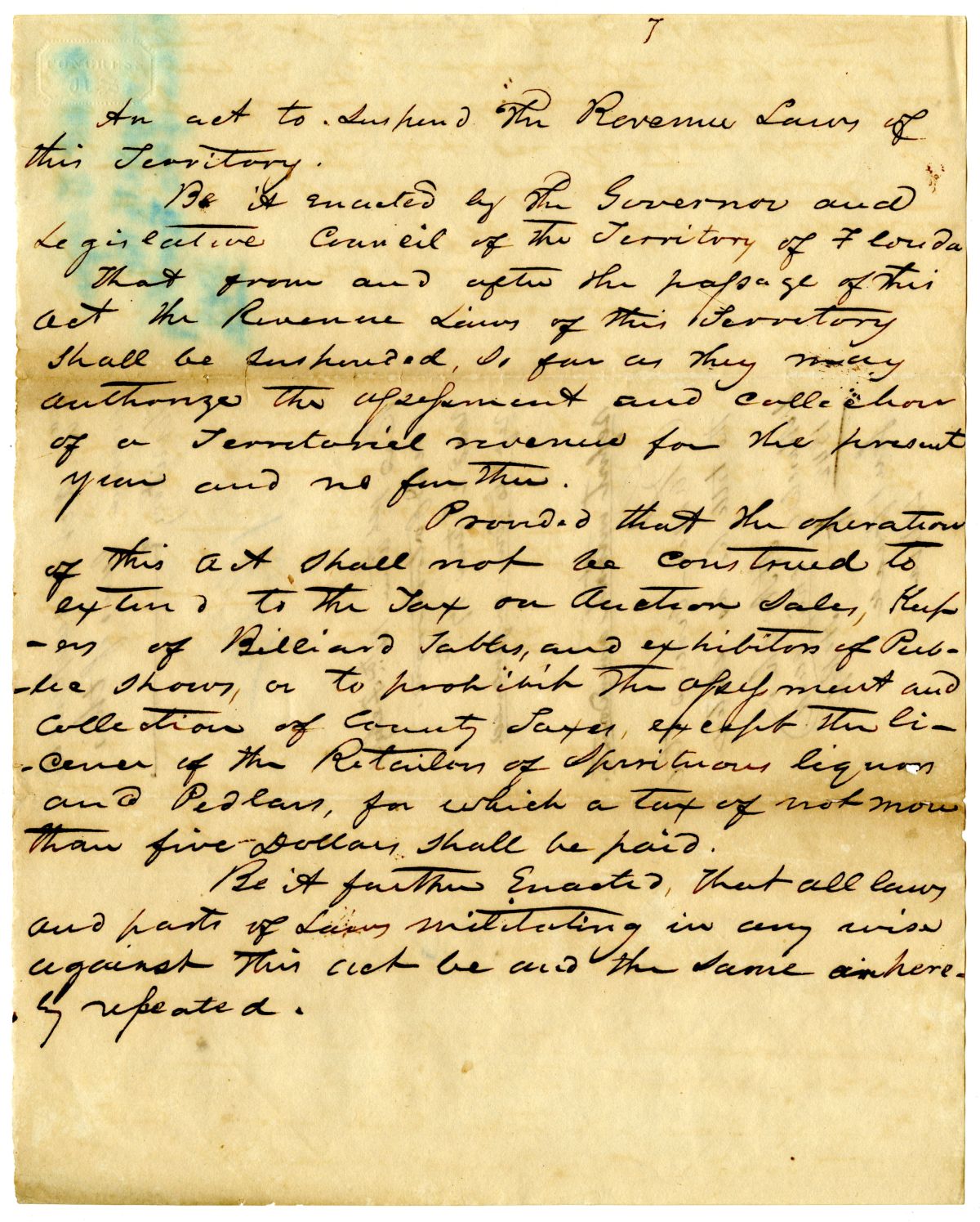 Draft of an Act to Suspend the Revenue Laws of this Territory, 1842