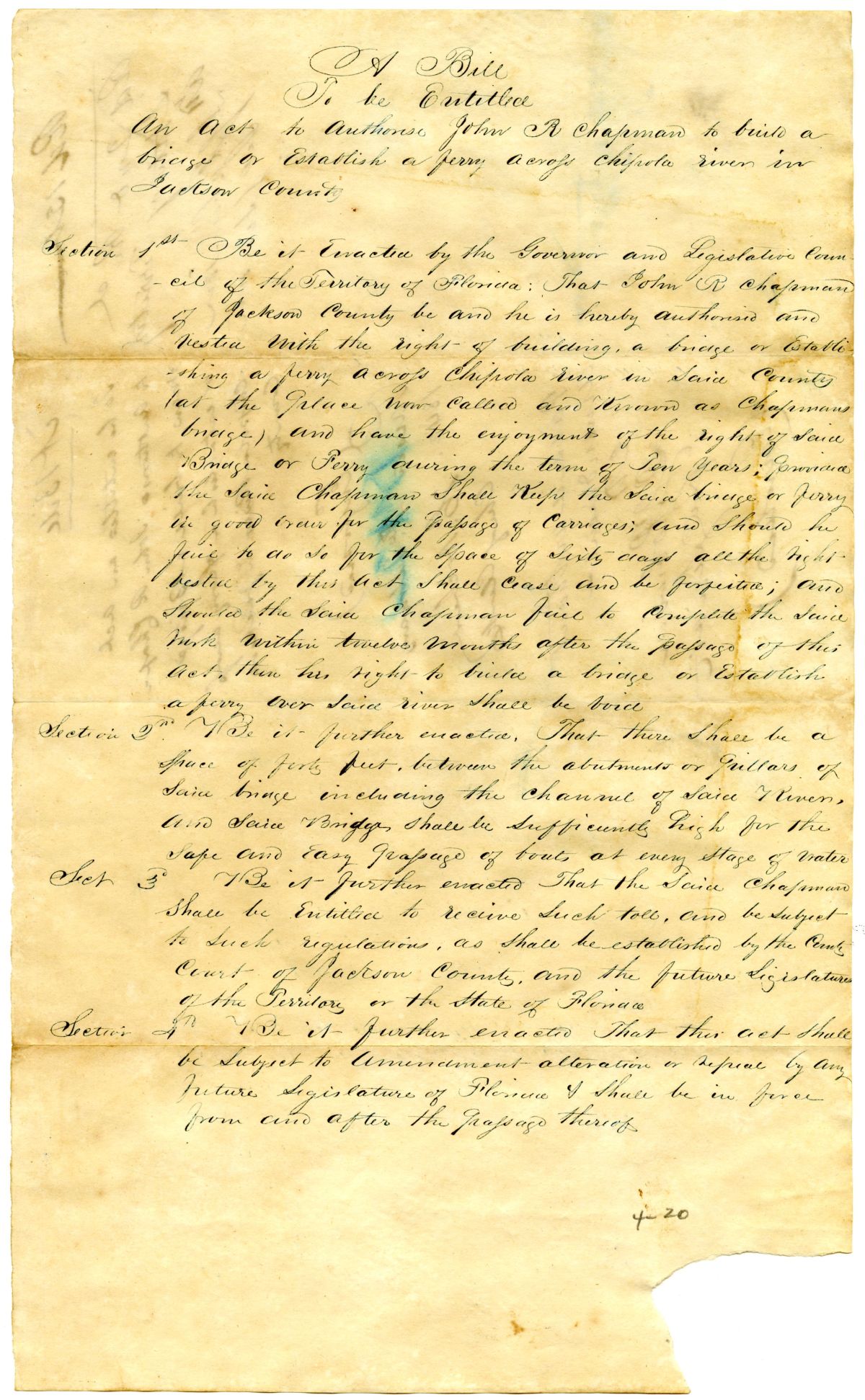 Draft of an Act to Authorize John R. Chapman to Build a Bridge or Establish a Ferry Across the Chipola River in Jackson County, 1842