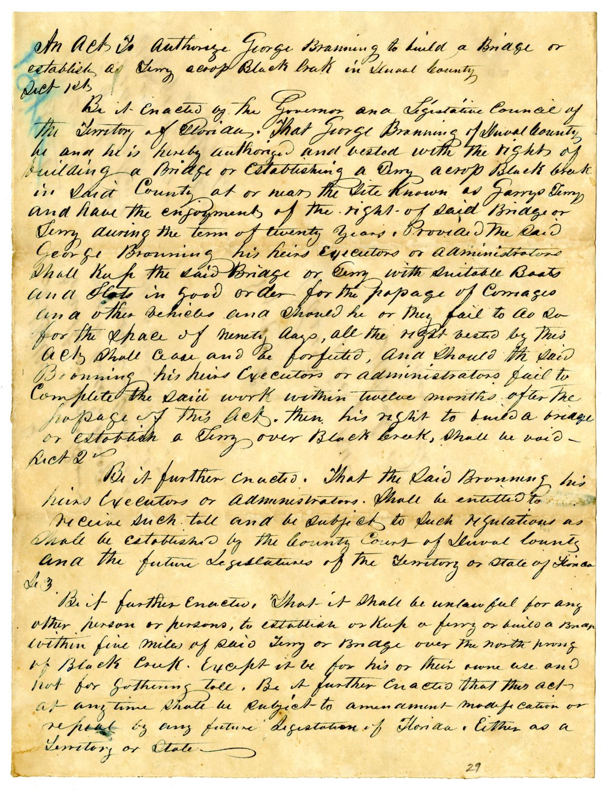 Draft of an Act to Authorize George Brunning to Build a Bridge or Establish a Ferry Across Black Creek in Duval County, 1842