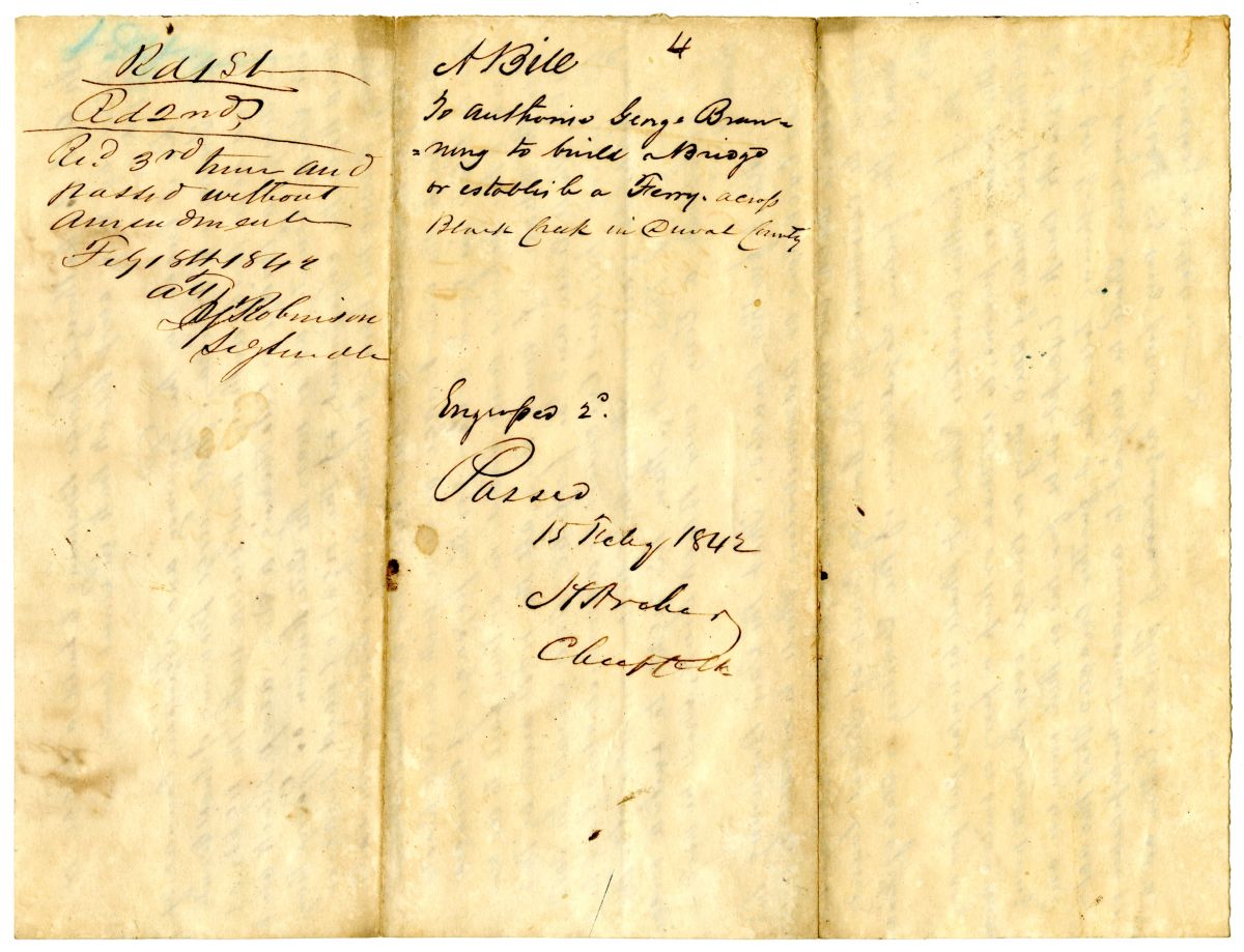 Draft of an Act to Authorize George Brunning to Build a Bridge or Establish a Ferry Across Black Creek in Duval County, 1842