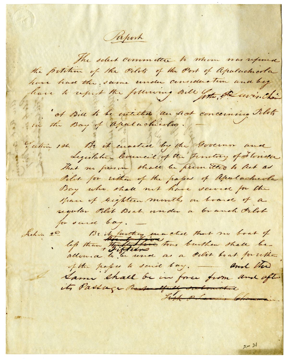 Report of the Select Committee to Whom Was Referred the Petition of the Pilots of the Port of Apalachicola, 1842